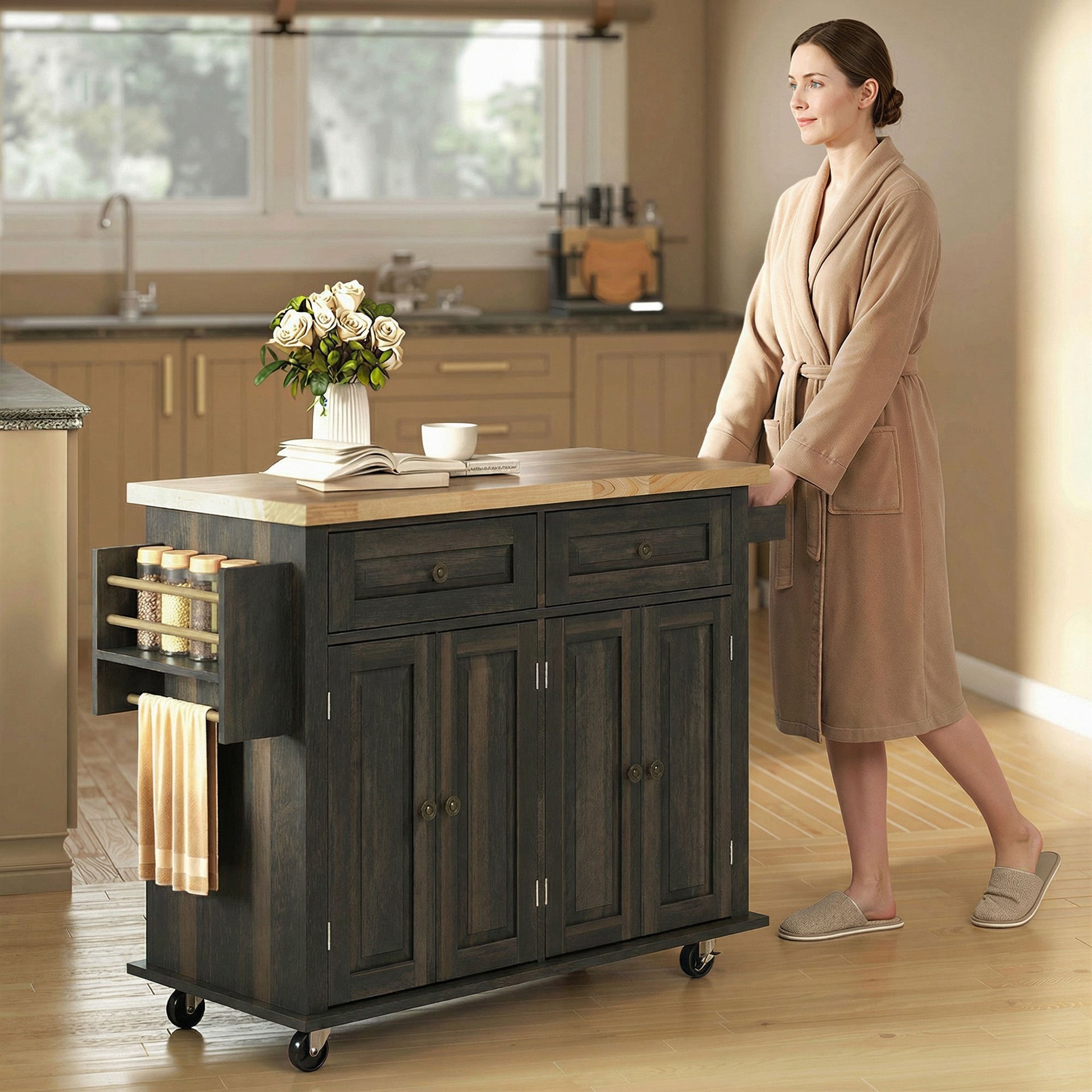 HOMCOM 44" Mobile Kitchen Island Table, Kitchen Island Cart on Wheels with Storage Cabinets, 2 Drawers, Brown