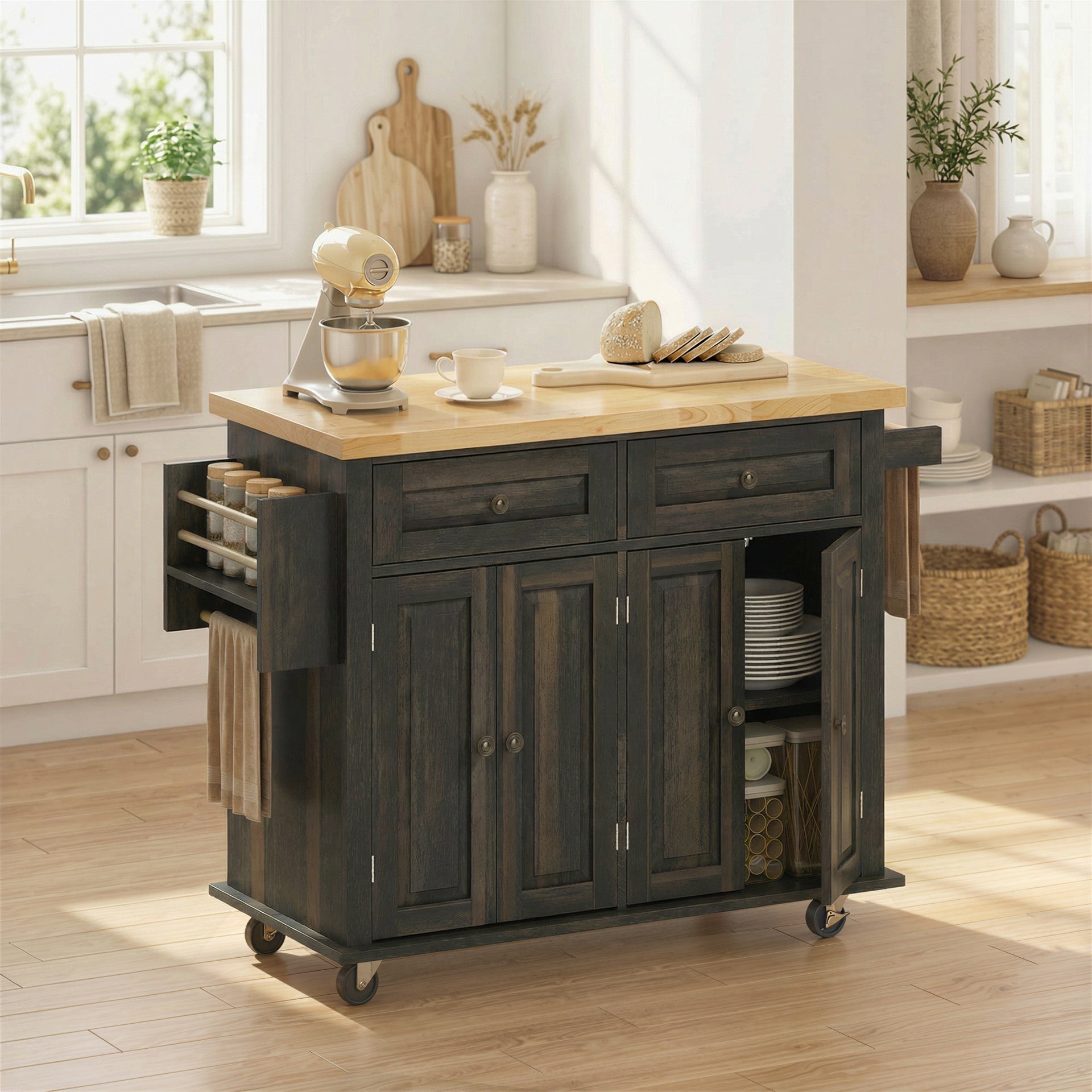 HOMCOM 44" Mobile Kitchen Island Table, Kitchen Island Cart on Wheels with Storage Cabinets, 2 Drawers, Brown
