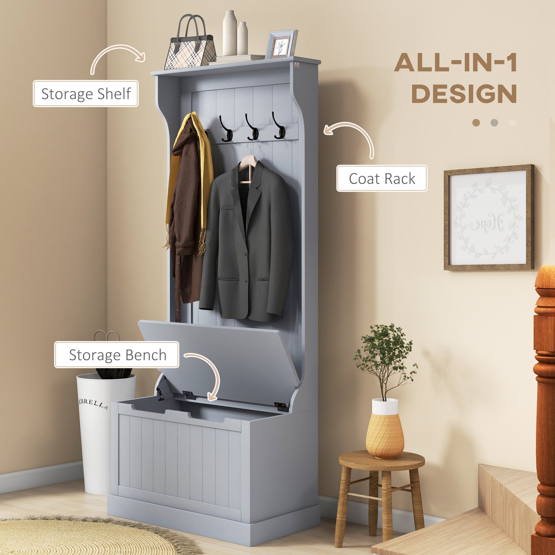 HOMCOM Entryway Hall Tree with Coat Rack and Sitting Bench, Mudroom Bench with Storage, and Hooks, Gray