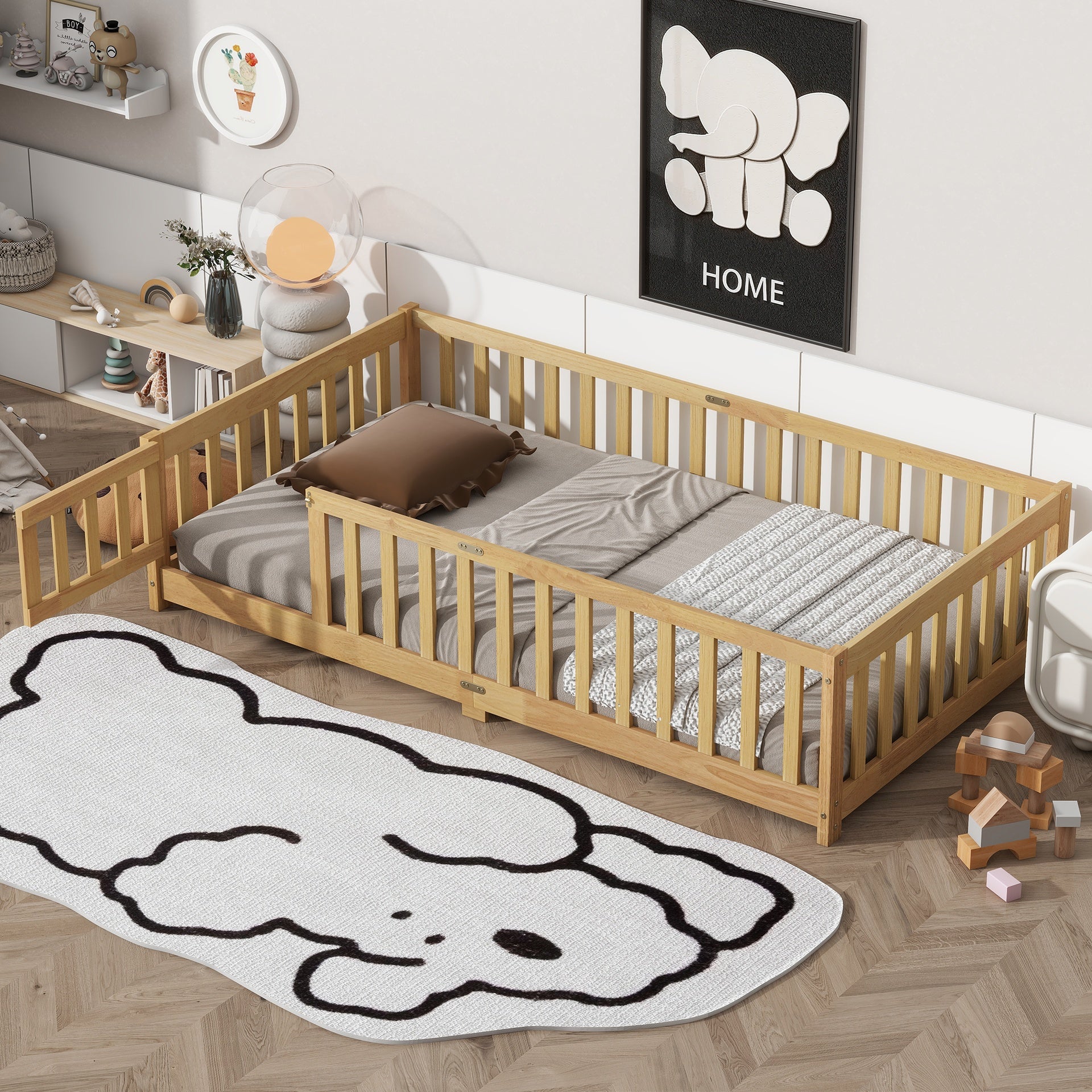 Twin Size Floor Bed with Fence and Door,Rubber Wood Floor Bed with Safety Guardrails,Natural (Old Sku W504P286374)