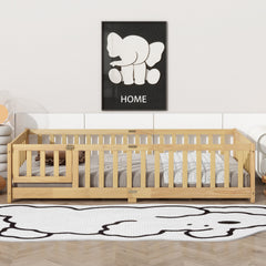 Twin Size Floor Bed with Fence and Door,Rubber Wood Floor Bed with Safety Guardrails,Natural (Old Sku W504P286374)