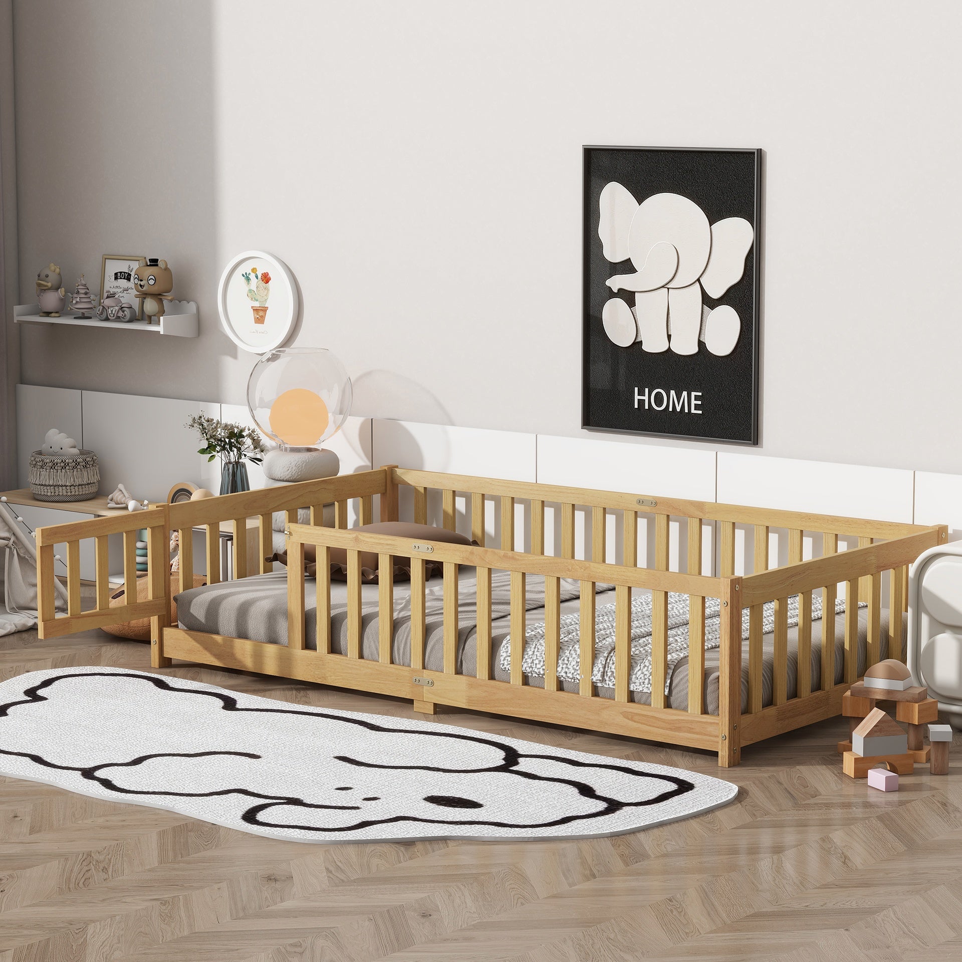 Twin Size Floor Bed with Fence and Door,Rubber Wood Floor Bed with Safety Guardrails,Natural (Old Sku W504P286374)