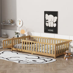 Twin Size Floor Bed with Fence and Door,Rubber Wood Floor Bed with Safety Guardrails,Natural (Old Sku W504P286374)