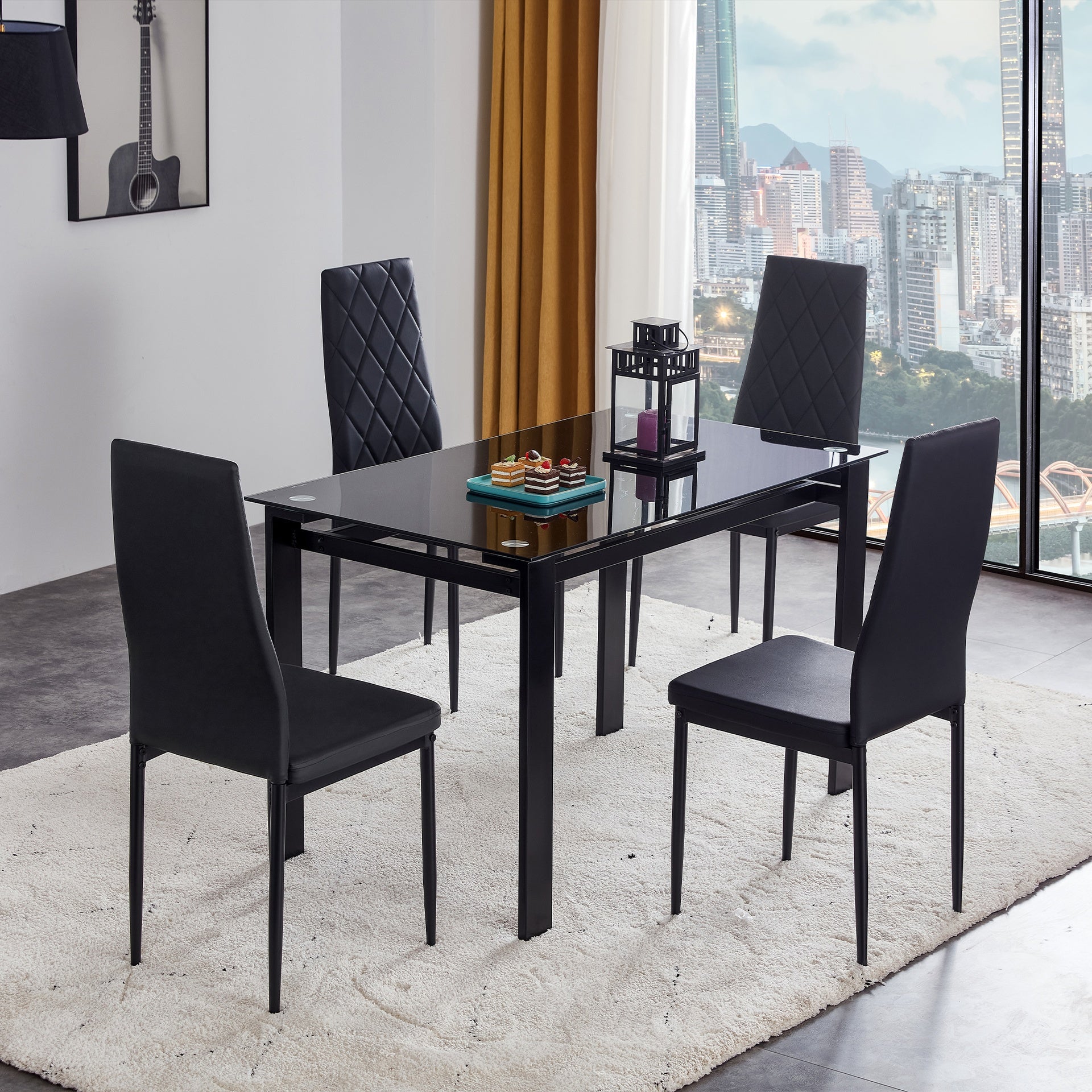 5-Piece Modern Dining Table Set, Tempered Glass Top, PU Leather Chairs (4-Pack), 1 Table 4 Chairs Set for Dining Room, Kitchen, Breakfast Nook