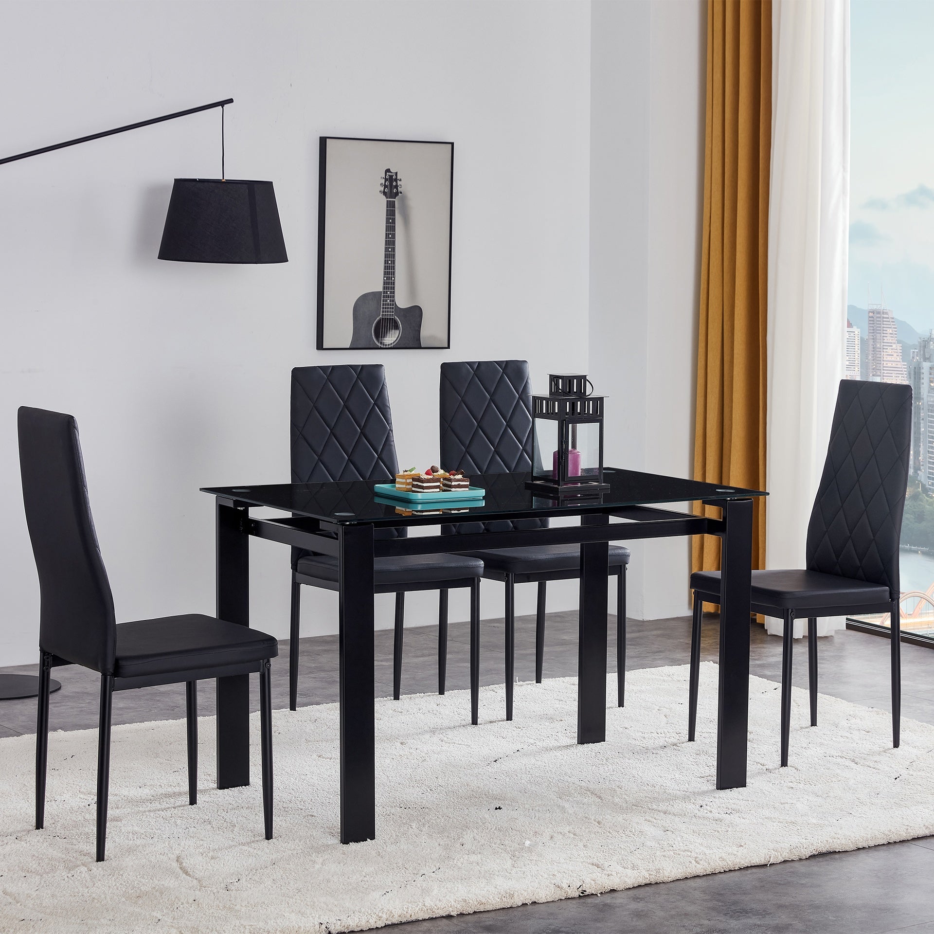 5-Piece Modern Dining Table Set, Tempered Glass Top, PU Leather Chairs (4-Pack), 1 Table 4 Chairs Set for Dining Room, Kitchen, Breakfast Nook