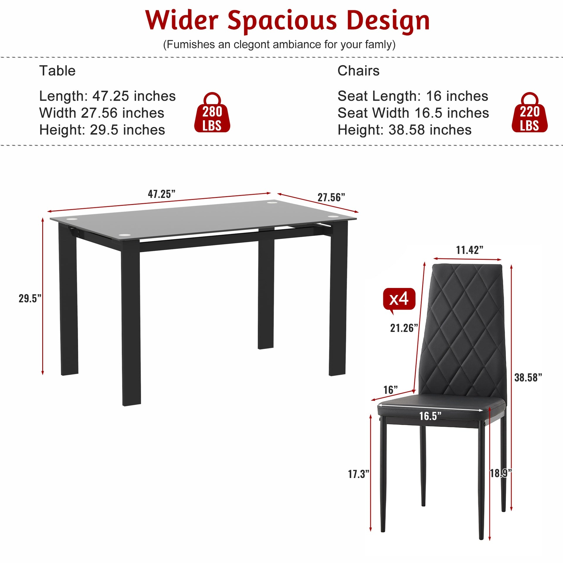 5-Piece Modern Dining Table Set, Tempered Glass Top, PU Leather Chairs (4-Pack), 1 Table 4 Chairs Set for Dining Room, Kitchen, Breakfast Nook