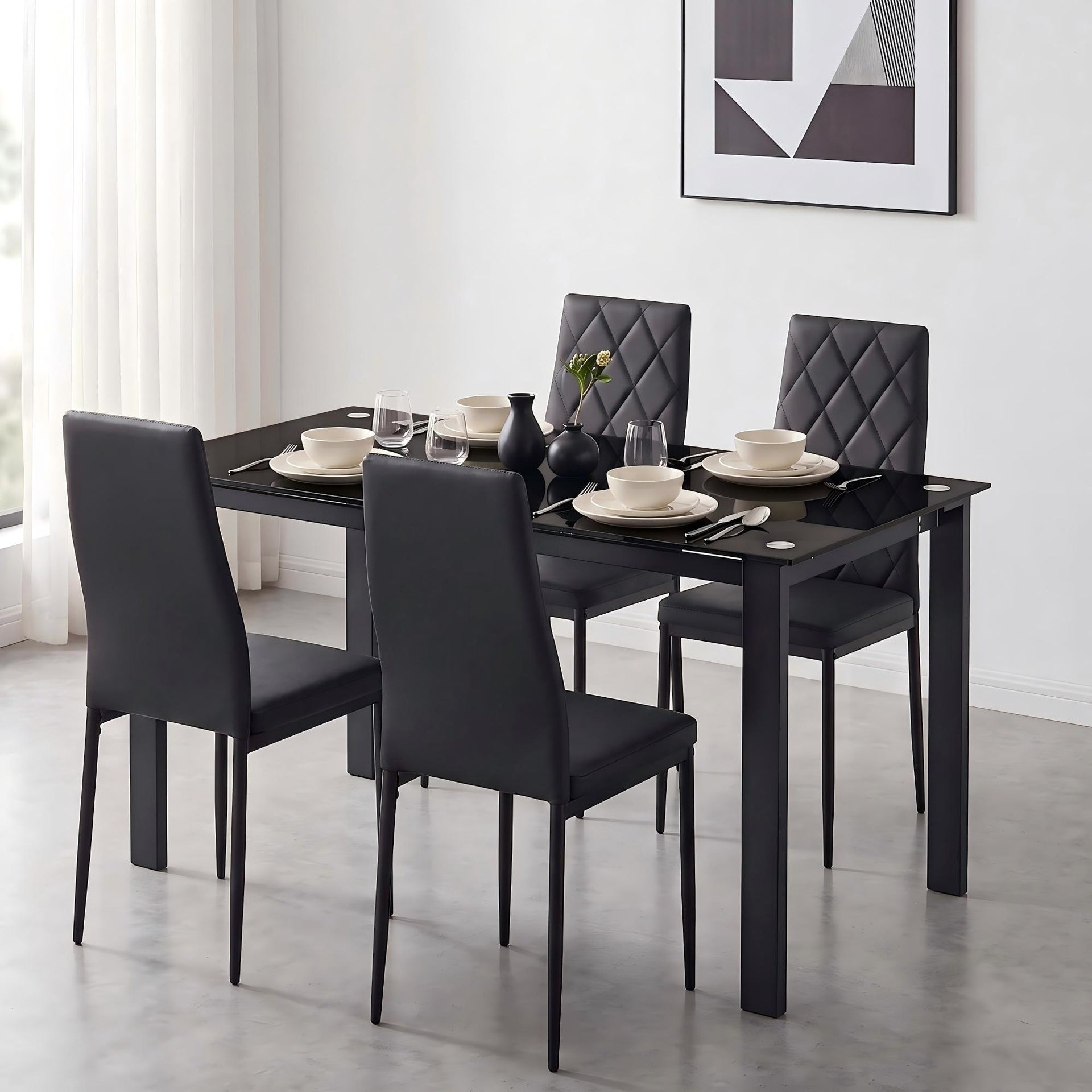 5-Piece Modern Dining Table Set, Tempered Glass Top, PU Leather Chairs (4-Pack), 1 Table 4 Chairs Set for Dining Room, Kitchen, Breakfast Nook