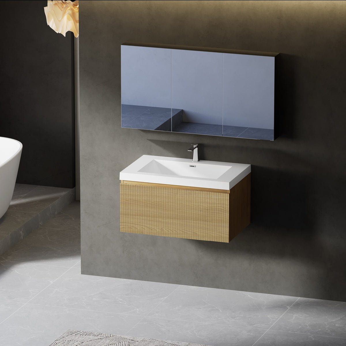 30'' Floating Bathroom Vanity with Sink Wall-Mounted Striped Bathroom Storage Cabinet with Soft-Close Drawer Glossy White Solid Surface Basin, Fully Assembled Natural Oak GF-24V16-30NOW-W1573P265195