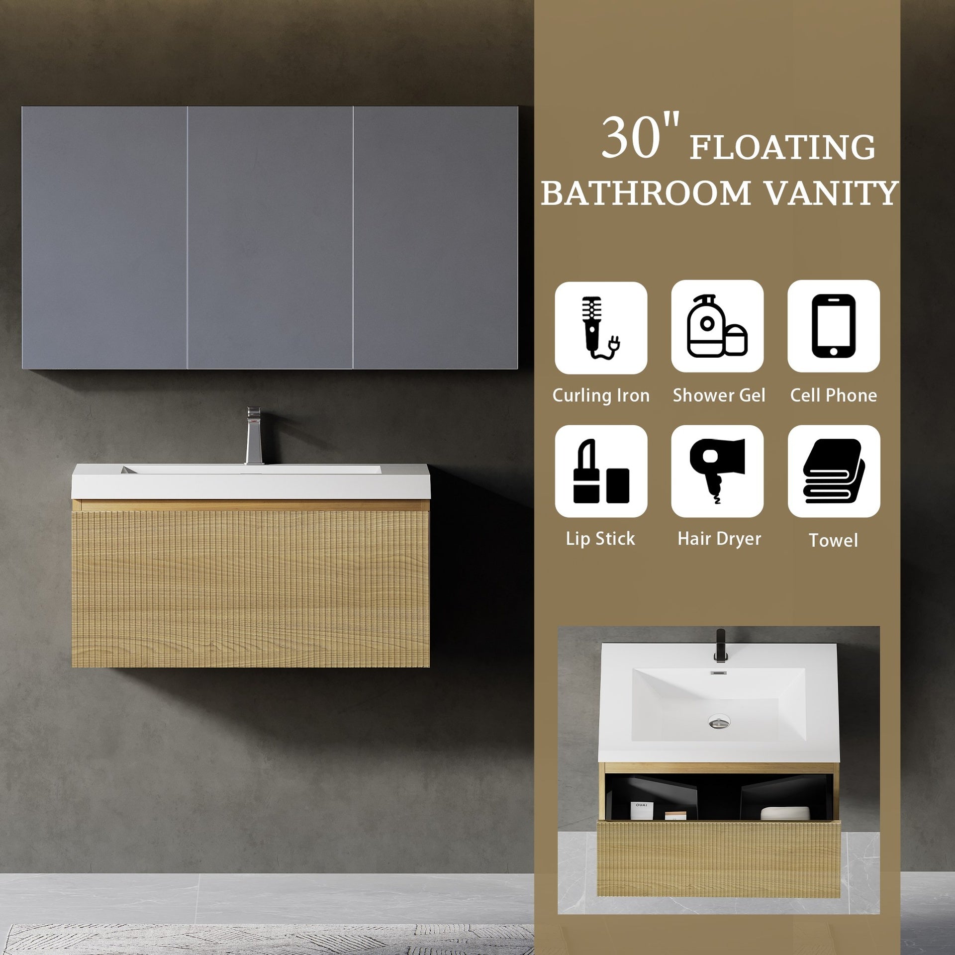 30'' Floating Bathroom Vanity with Sink Wall-Mounted Striped Bathroom Storage Cabinet with Soft-Close Drawer Glossy White Solid Surface Basin, Fully Assembled Natural Oak GF-24V16-30NOW-W1573P265195