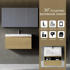 30'' Floating Bathroom Vanity with Sink Wall-Mounted Striped Bathroom Storage Cabinet with Soft-Close Drawer Glossy White Solid Surface Basin, Fully Assembled Natural Oak GF-24V16-30NOW-W1573P265195