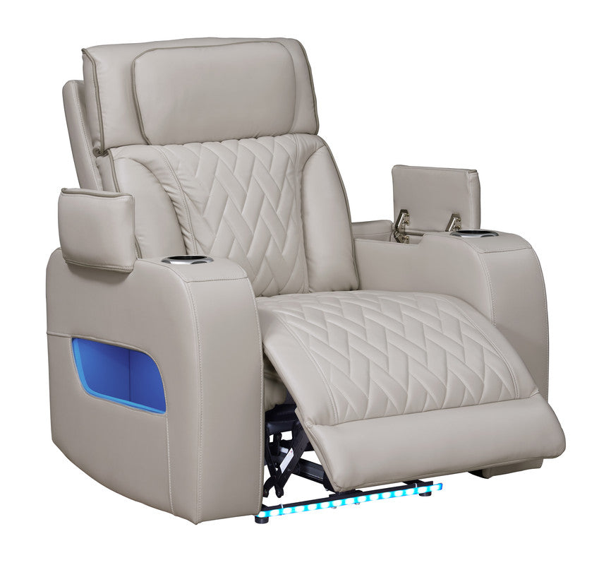 Jazmina 37"W Ice White Leather Aire Transformer Power Reclining Chair with Power Headrest, LED Lights, USB & USB-C Ports, Storage & Cupholders