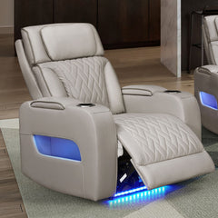 Jazmina 37"W Ice White Leather Aire Transformer Power Reclining Chair with Power Headrest, LED Lights, USB & USB-C Ports, Storage & Cupholders