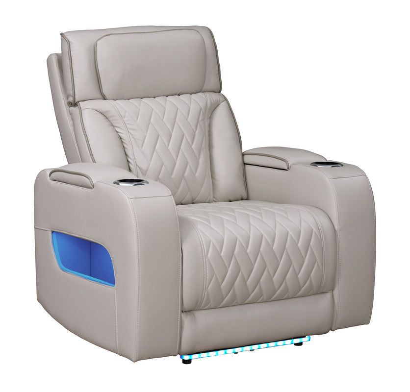 Jazmina 37"W Ice White Leather Aire Transformer Power Reclining Chair with Power Headrest, LED Lights, USB & USB-C Ports, Storage & Cupholders