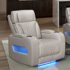 Jazmina 37"W Ice White Leather Aire Transformer Power Reclining Chair with Power Headrest, LED Lights, USB & USB-C Ports, Storage & Cupholders