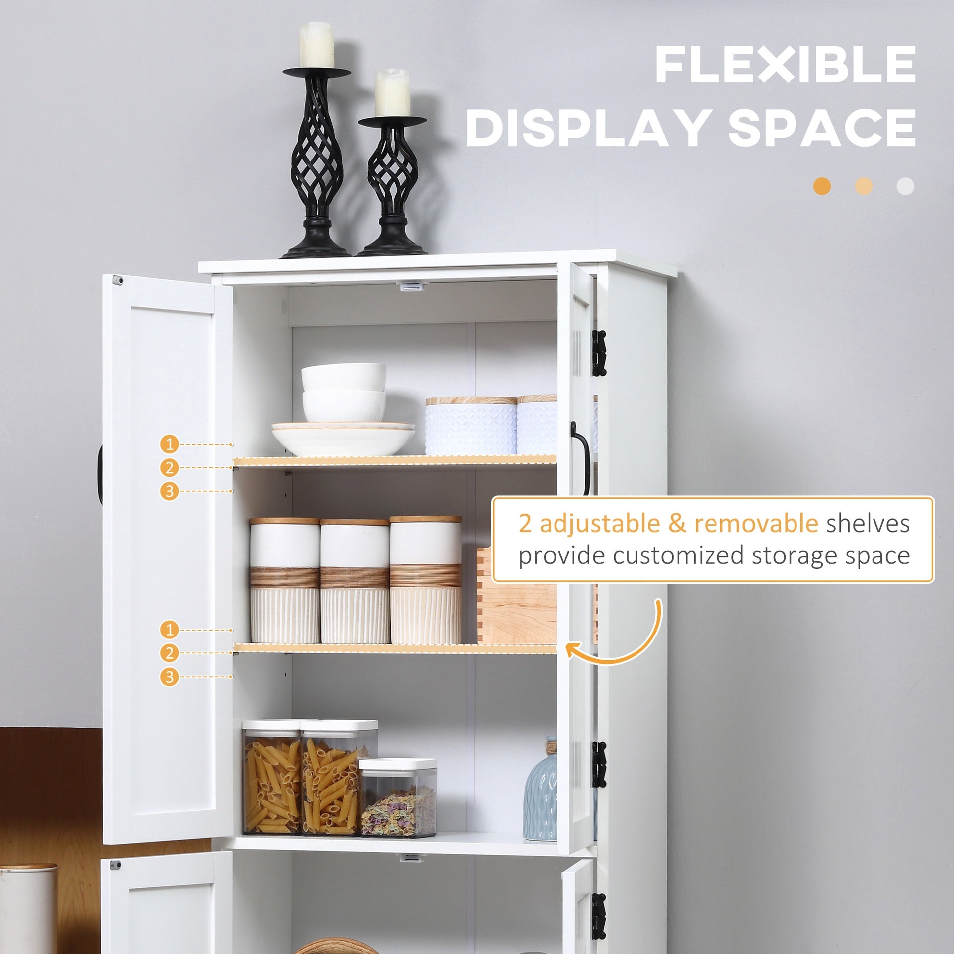 HOMCOM Accent Floor Storage Cabinet Kitchen Pantry with Adjustable Shelves and 2 Lower Doors, White