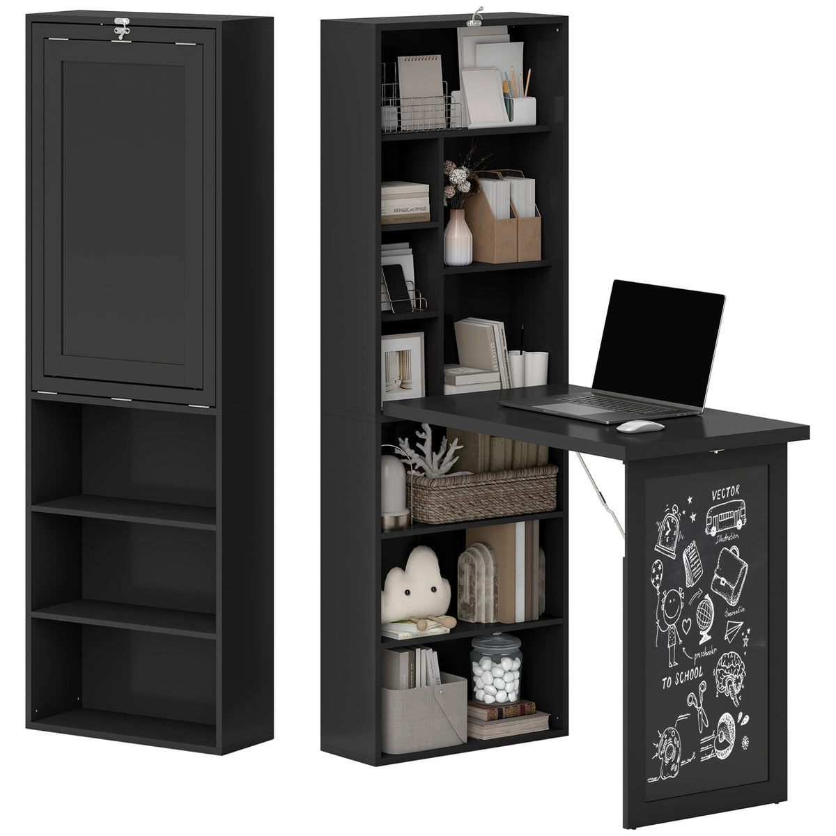 HOMCOM Fold-out Convertible Home Office Desk, Wall Mount Computer Desk with Blackboard and Side Shelf, Black