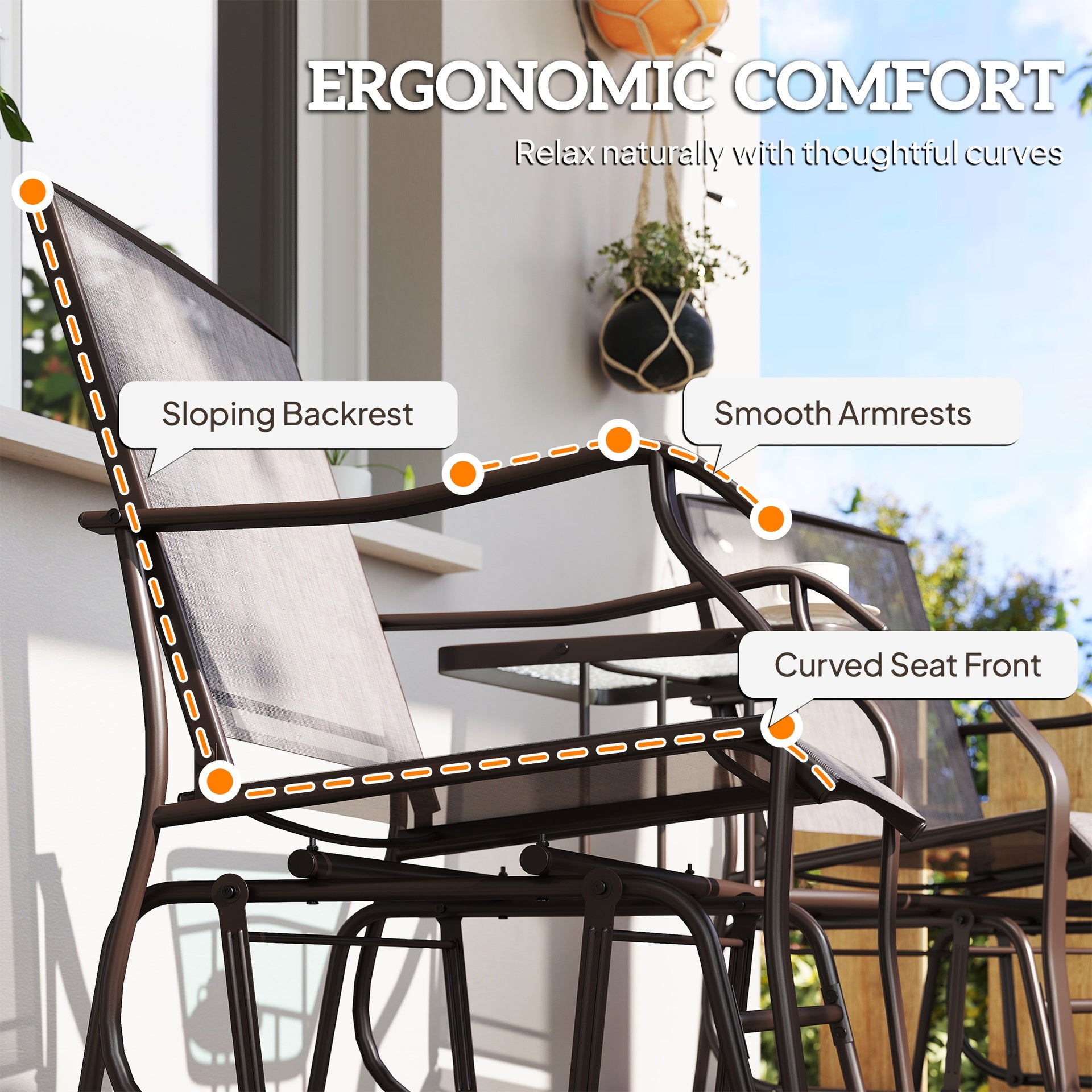 Outsunny Outdoor Glider Chairs with Coffee Table, Patio 2-Seat Rocking Chair Swing Loveseat with Breathable Sling for Backyard, Garden, and Porch, Gray