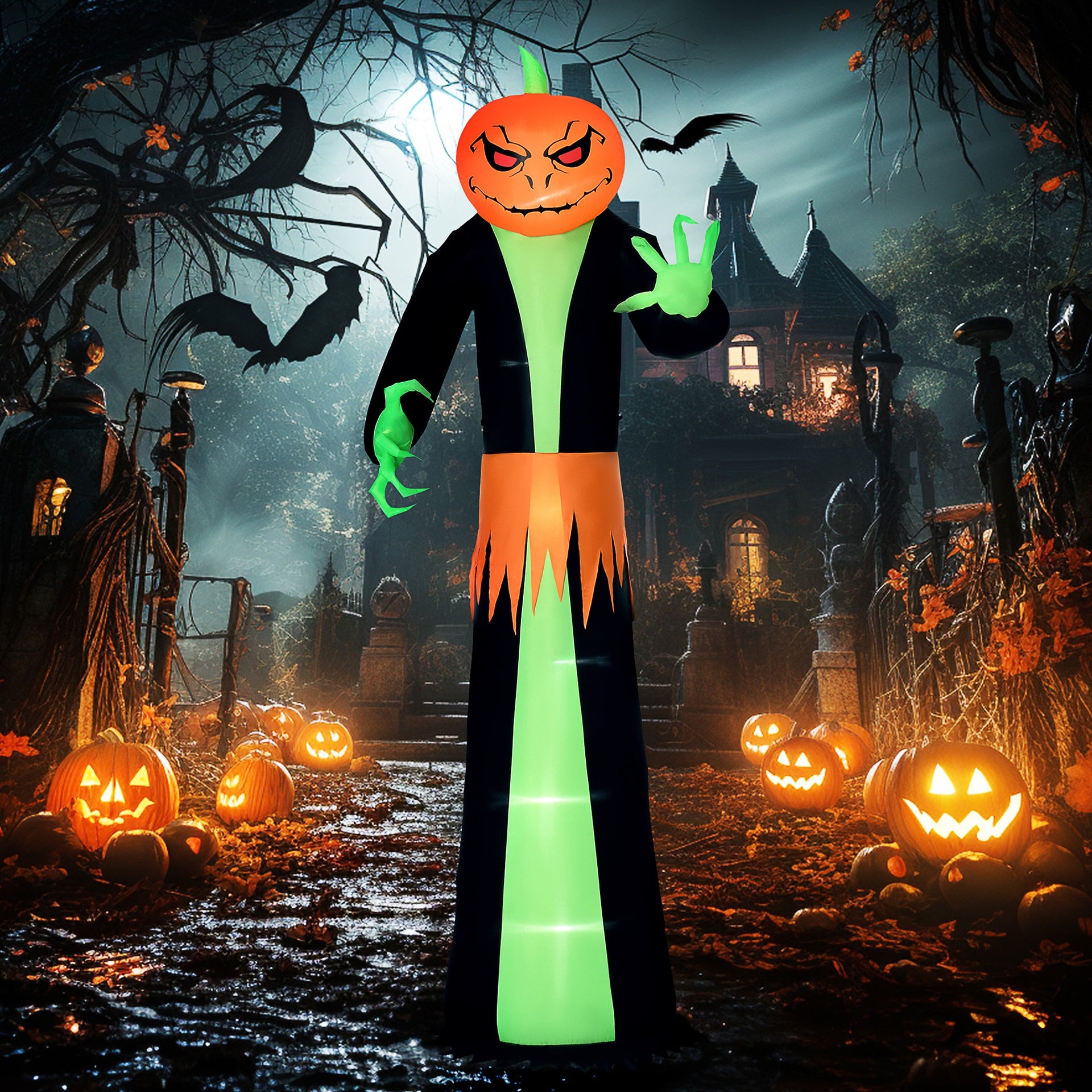 HOMCOM 9' Halloween Inflatables Outdoor Decorations Pumpkin Head Ghost, Blow Up LED Yard Decor for Garden, Lawn, Party, Holiday, Waterproof