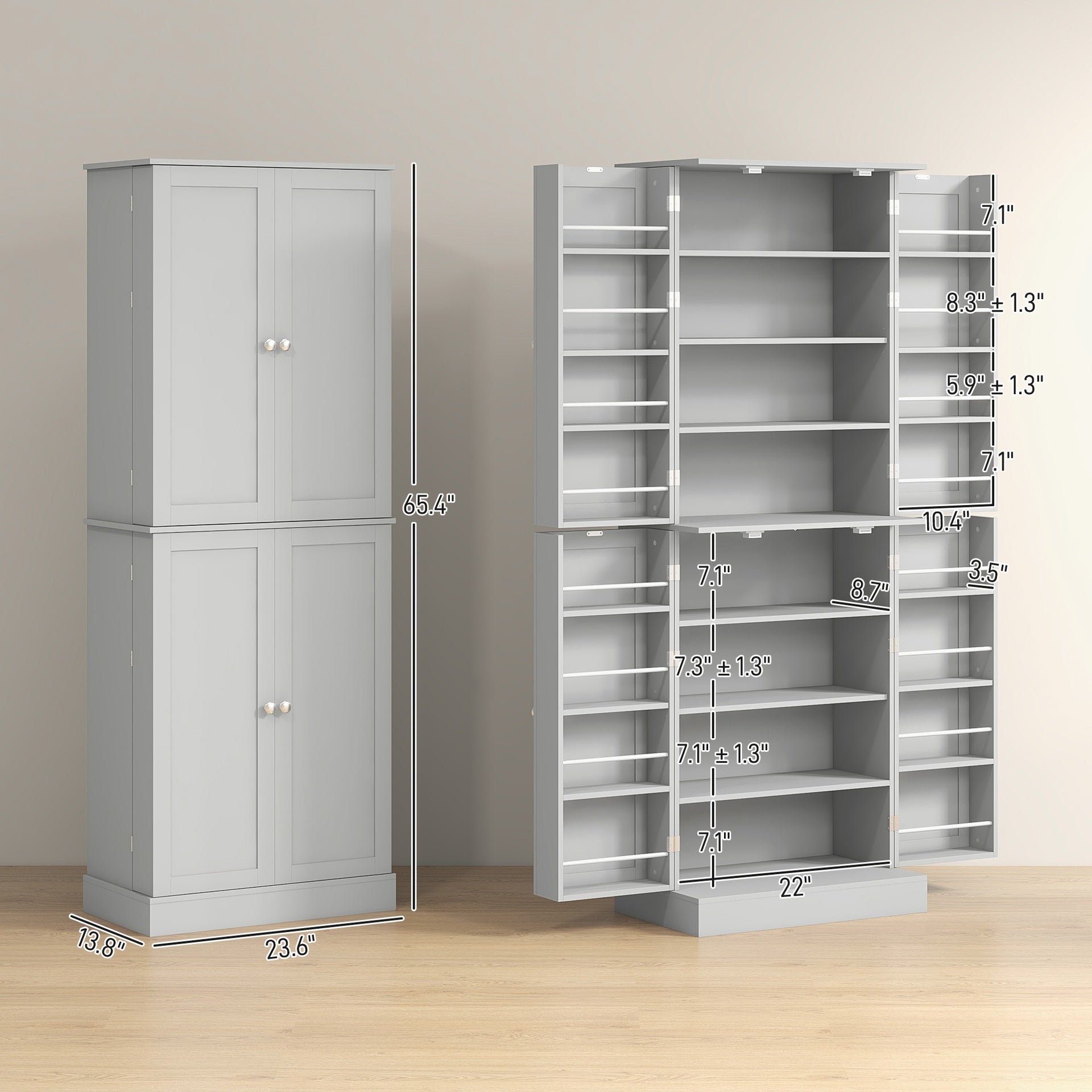 HOMCOM 65" Kitchen Cabinet, Kitchen Pantry Cabinet with 4 Doors and 16 Door Shelves for Dining Room, Gray