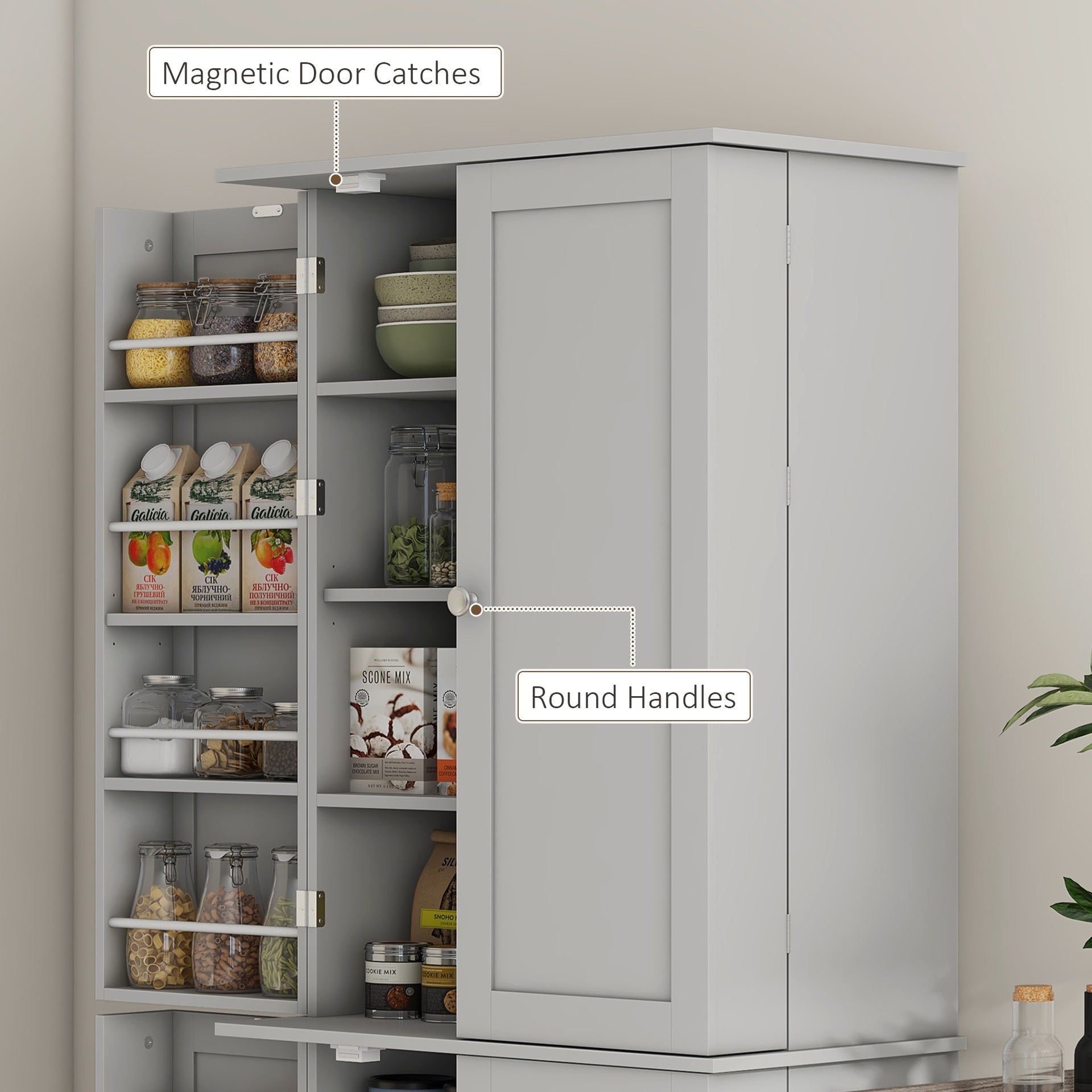 HOMCOM 65" Kitchen Cabinet, Kitchen Pantry Cabinet with 4 Doors and 16 Door Shelves for Dining Room, Gray