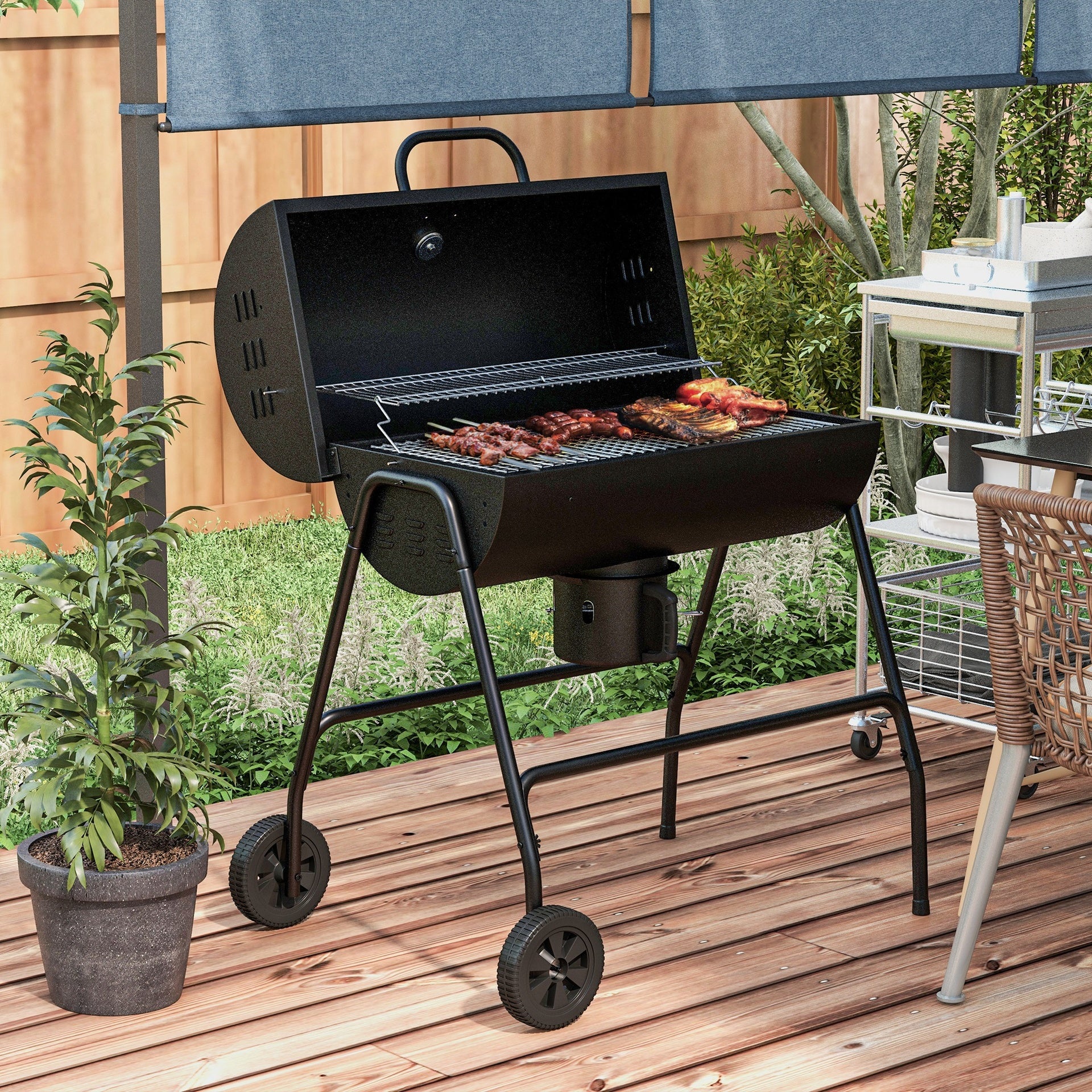 Outsunny Barrel Charcoal BBQ Grill, Barbecue with 420 sq.in. Cooking Area, Wheels, Ash Catcher, Black