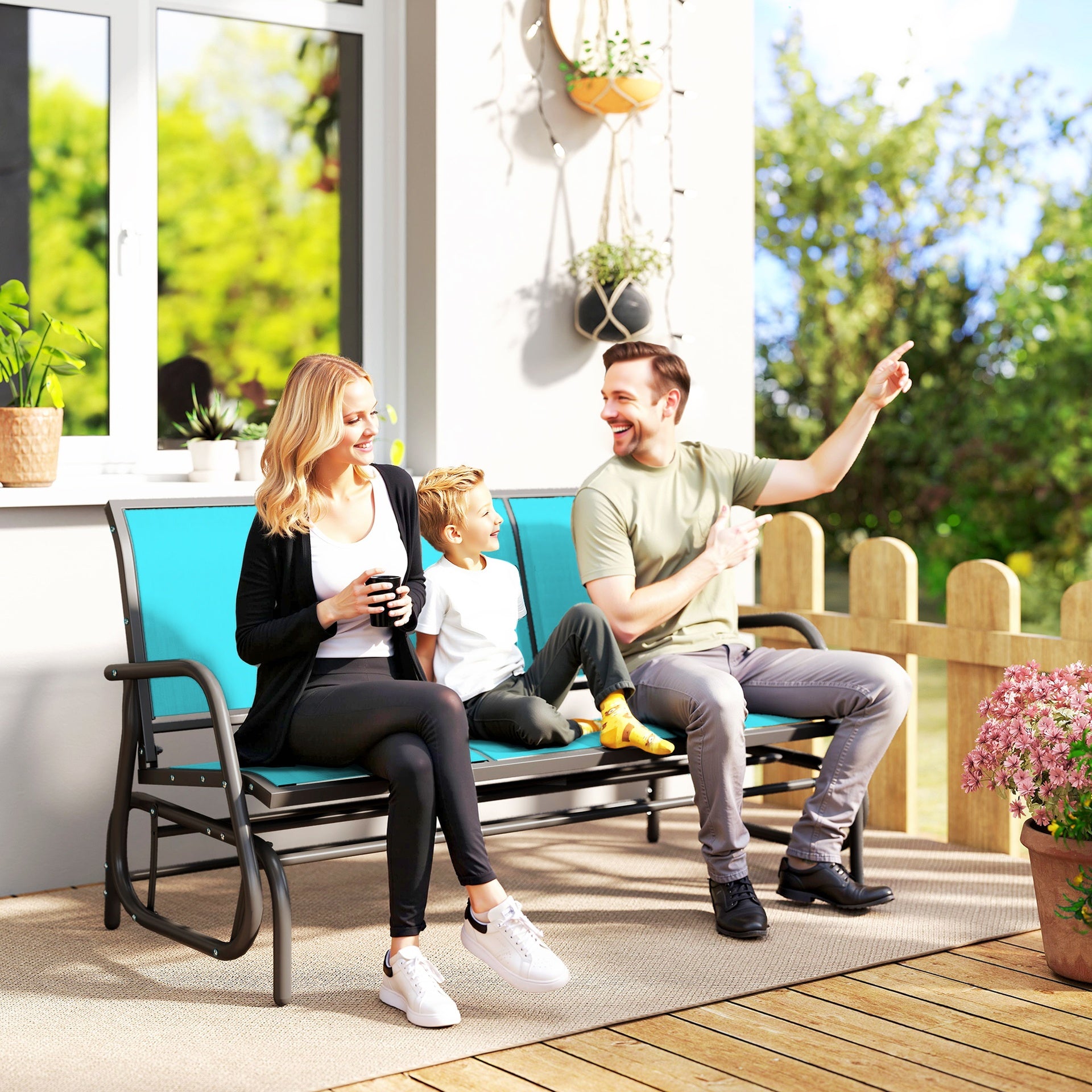 Outsunny 3-Person Outdoor Patio Glider Bench, Porch Glider Swing with 3 Seats, Breathable Mesh Fabric, Metal Frame, Blue