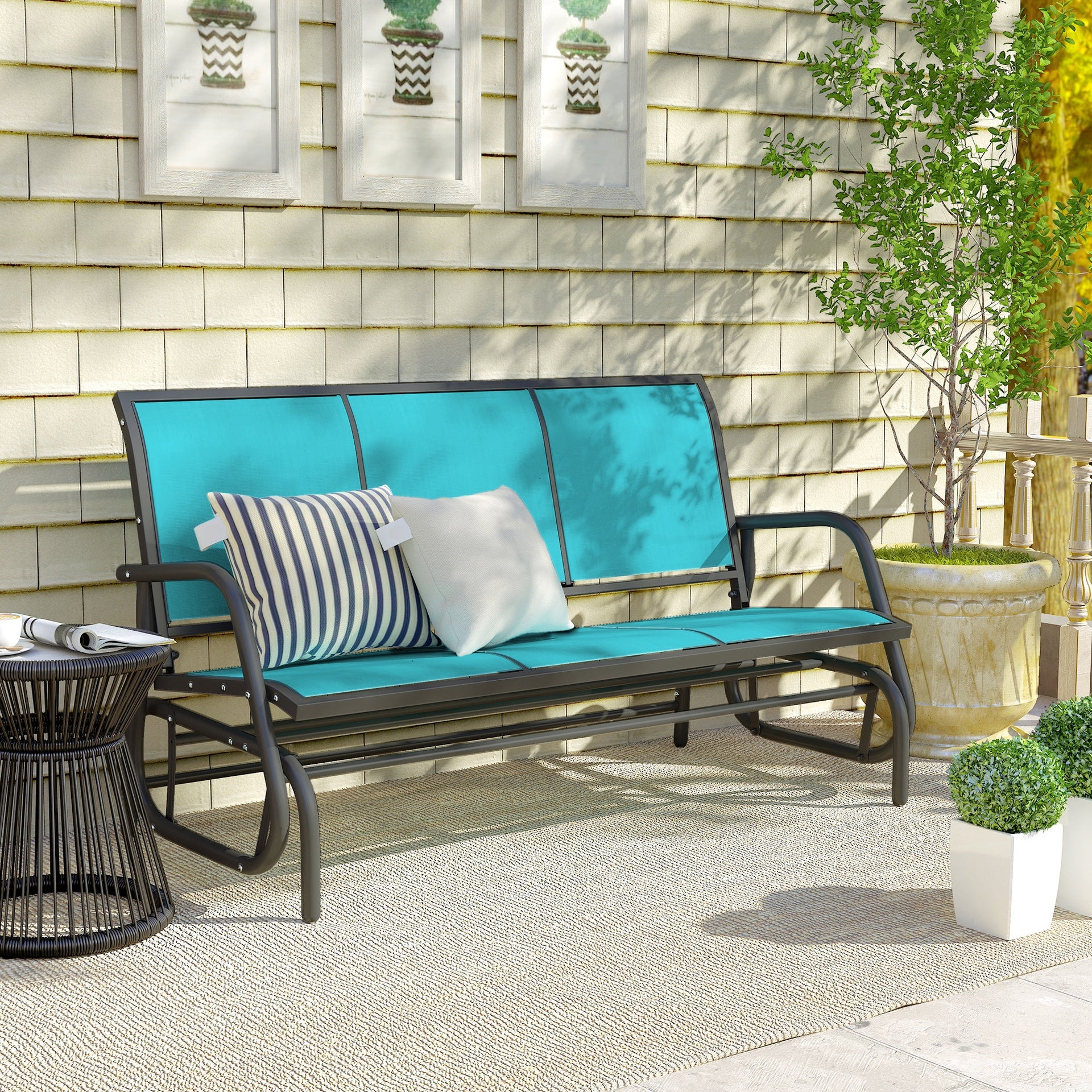 Outsunny 3-Person Outdoor Patio Glider Bench, Porch Glider Swing with 3 Seats, Breathable Mesh Fabric, Metal Frame, Blue