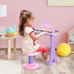 Qaba 32-Key Princess Electronic Toy Piano for Kids, Educational Keyboard Piano with Stool, MP3, Record, Flashing Lights, Microphone for 3-6 Years, Pink