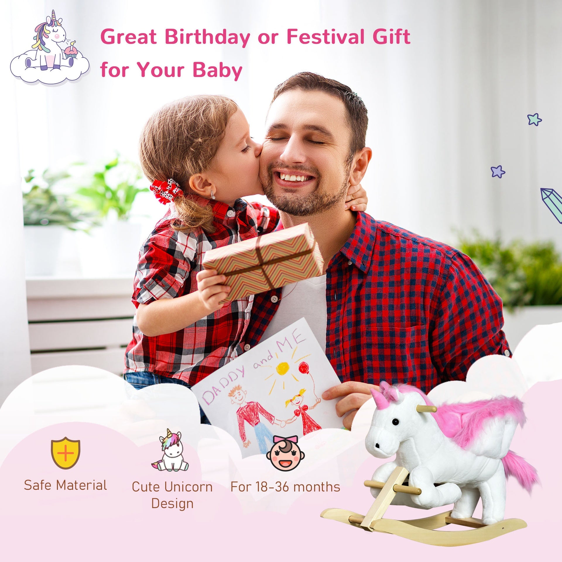 Qaba Unicorn Baby Rocking Horse Toy for Kids with Lullaby Song, Plush Ride on Horse with Heavy-Duty Support System, Pretend Play Interactive Toy for Toddlers 18-36 Months