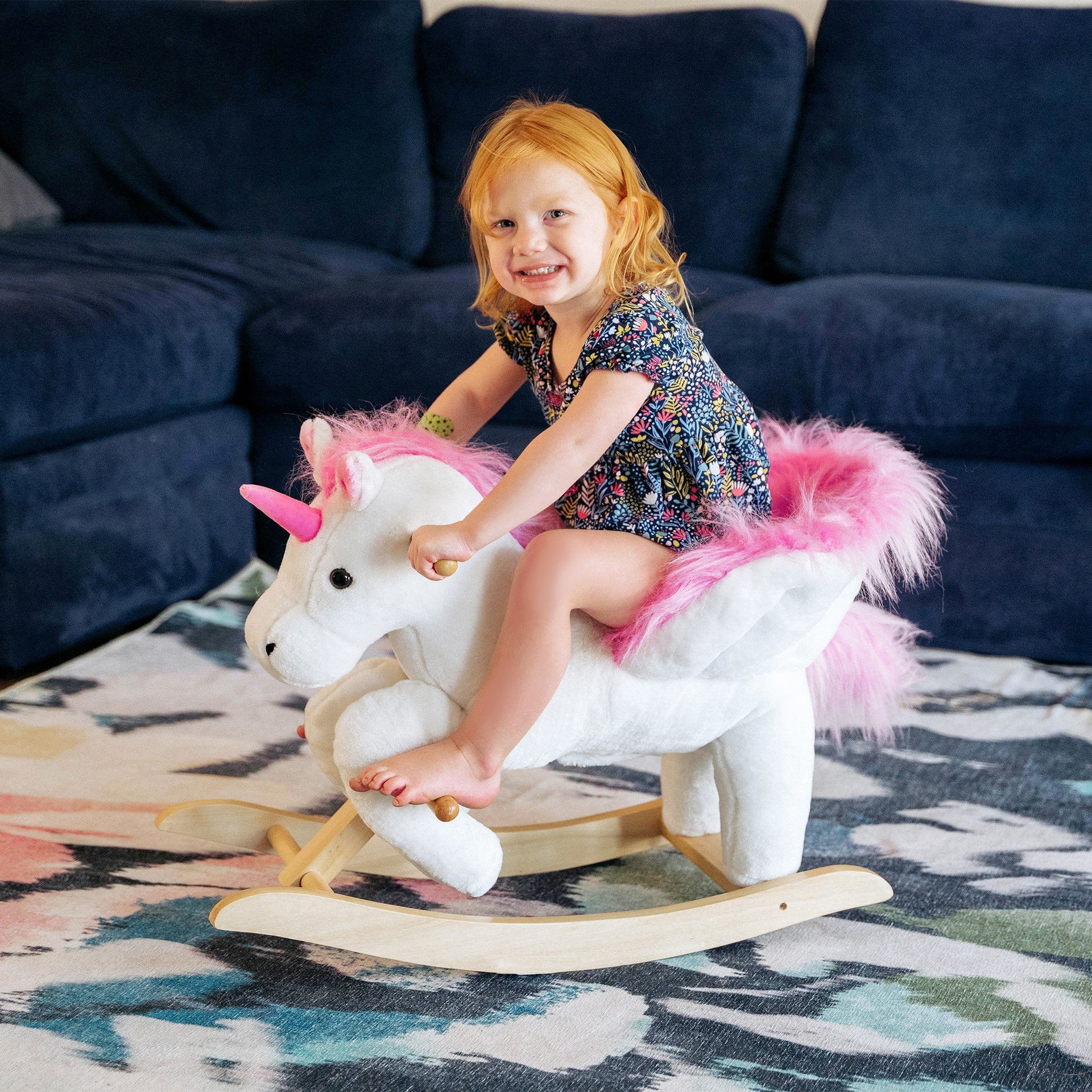 Qaba Unicorn Baby Rocking Horse Toy for Kids with Lullaby Song, Plush Ride on Horse with Heavy-Duty Support System, Pretend Play Interactive Toy for Toddlers 18-36 Months