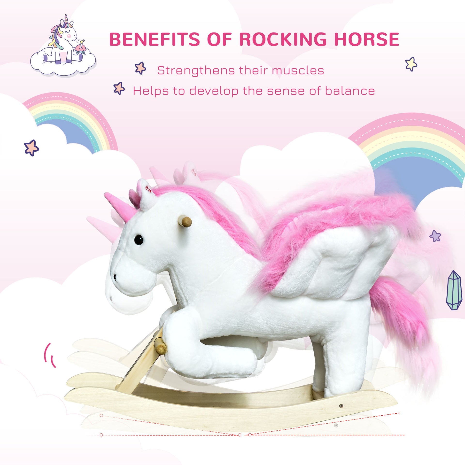 Qaba Unicorn Baby Rocking Horse Toy for Kids with Lullaby Song, Plush Ride on Horse with Heavy-Duty Support System, Pretend Play Interactive Toy for Toddlers 18-36 Months
