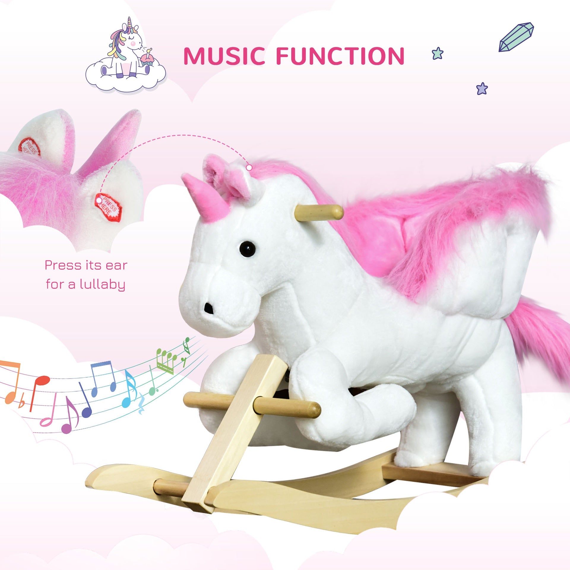 Qaba Unicorn Baby Rocking Horse Toy for Kids with Lullaby Song, Plush Ride on Horse with Heavy-Duty Support System, Pretend Play Interactive Toy for Toddlers 18-36 Months