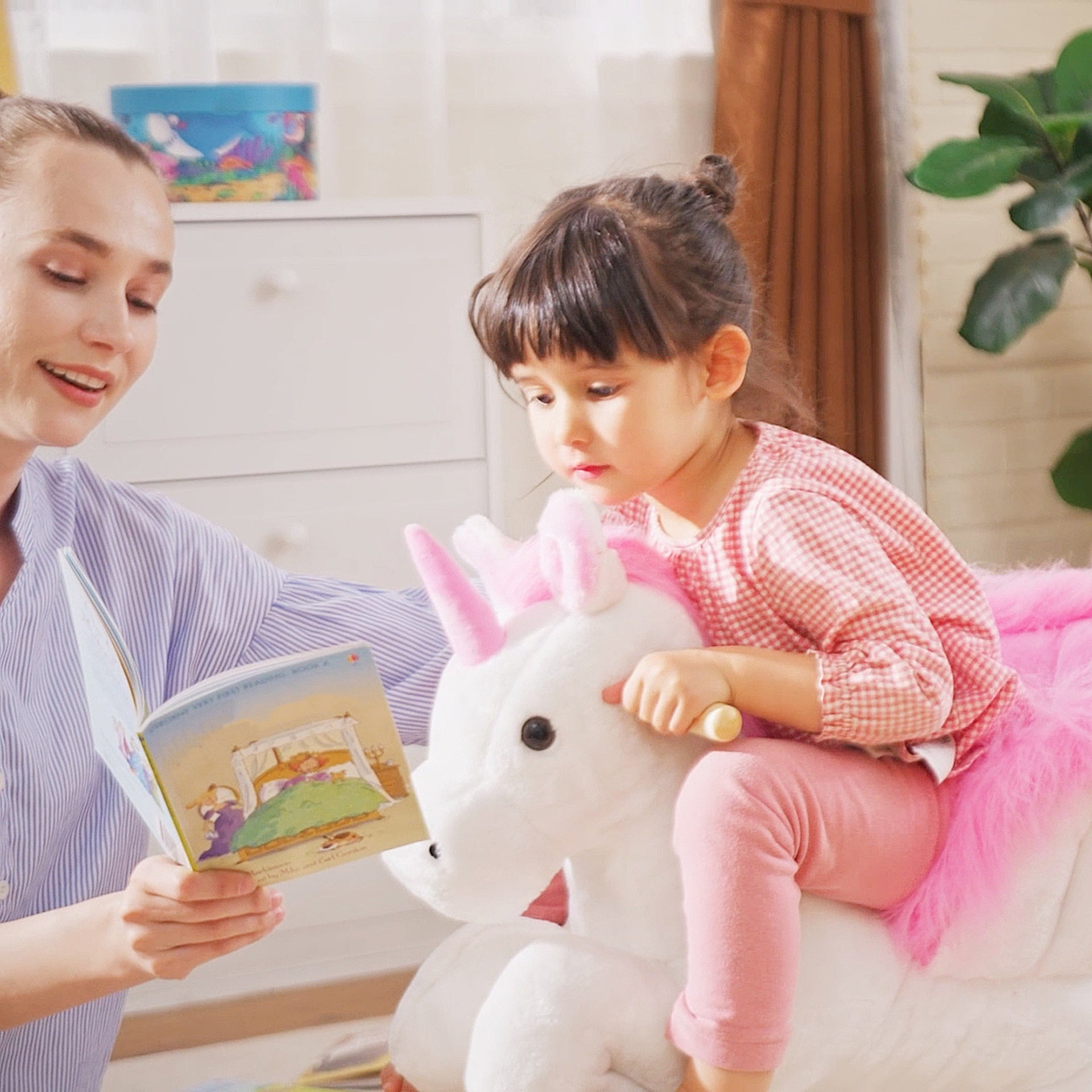 Qaba Unicorn Baby Rocking Horse Toy for Kids with Lullaby Song, Plush Ride on Horse with Heavy-Duty Support System, Pretend Play Interactive Toy for Toddlers 18-36 Months