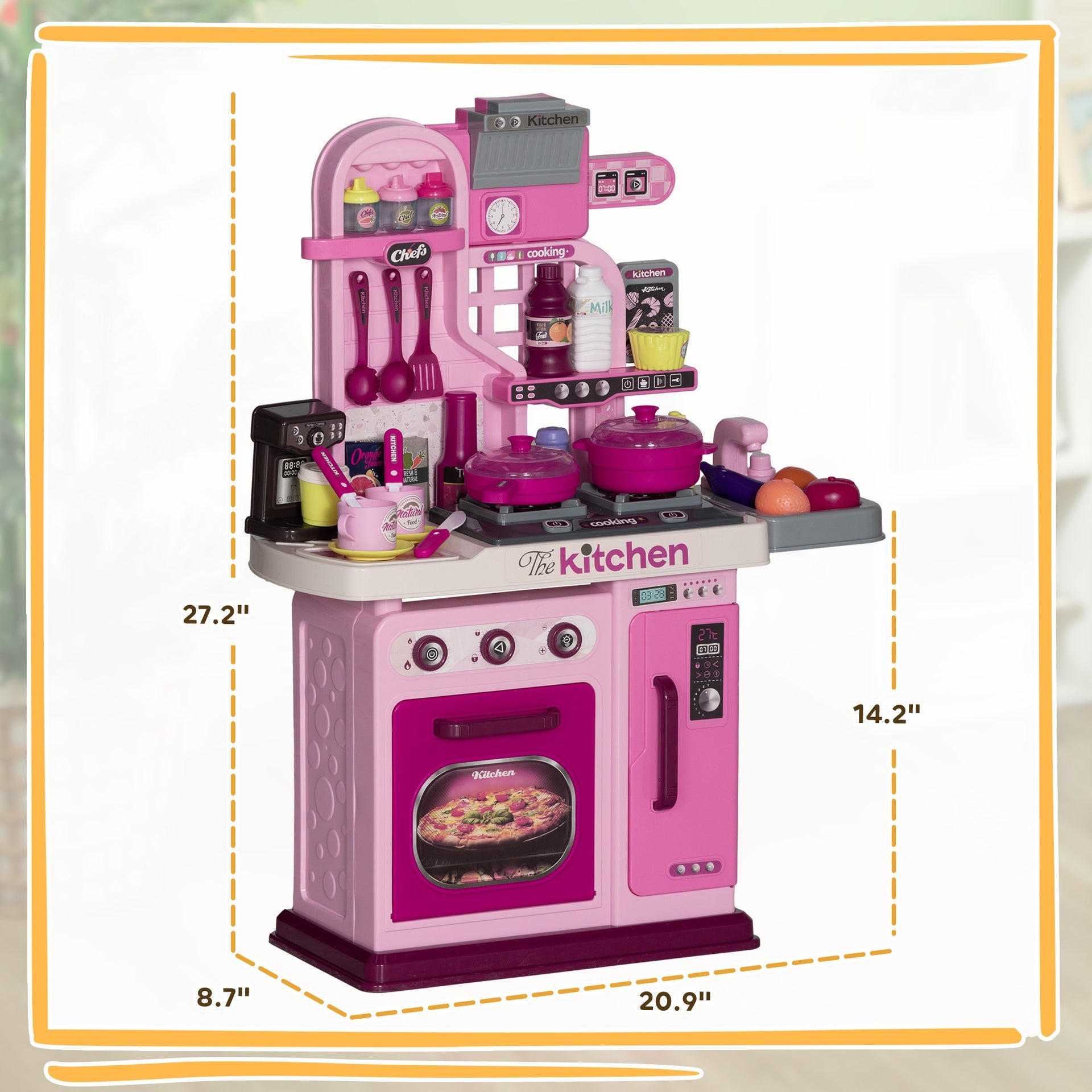Qaba Kids Play Kitchen with Lights, Sounds, 33 Accessories & Storage for Toddler 3-6 Years