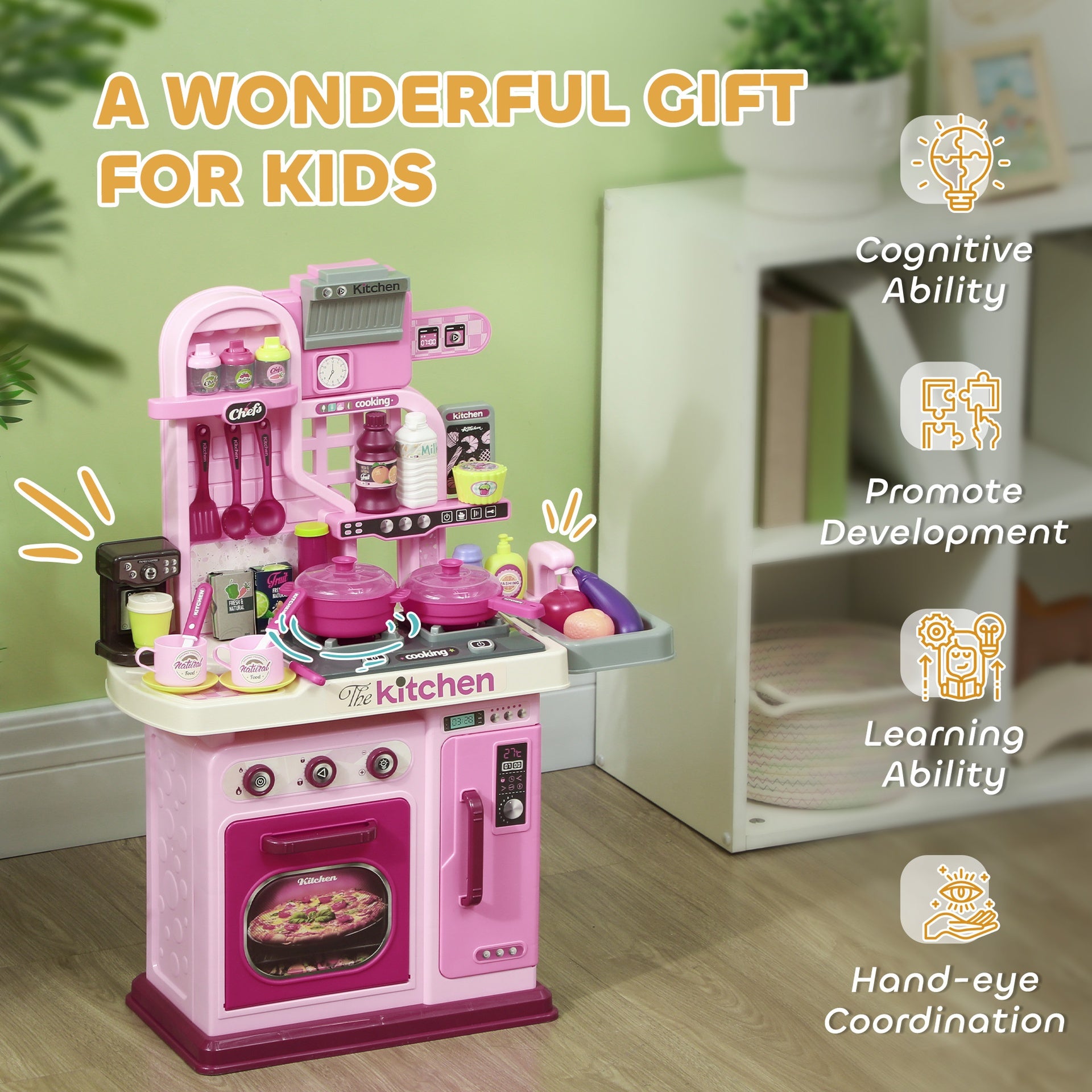 Qaba Kids Play Kitchen with Lights, Sounds, 33 Accessories & Storage for Toddler 3-6 Years