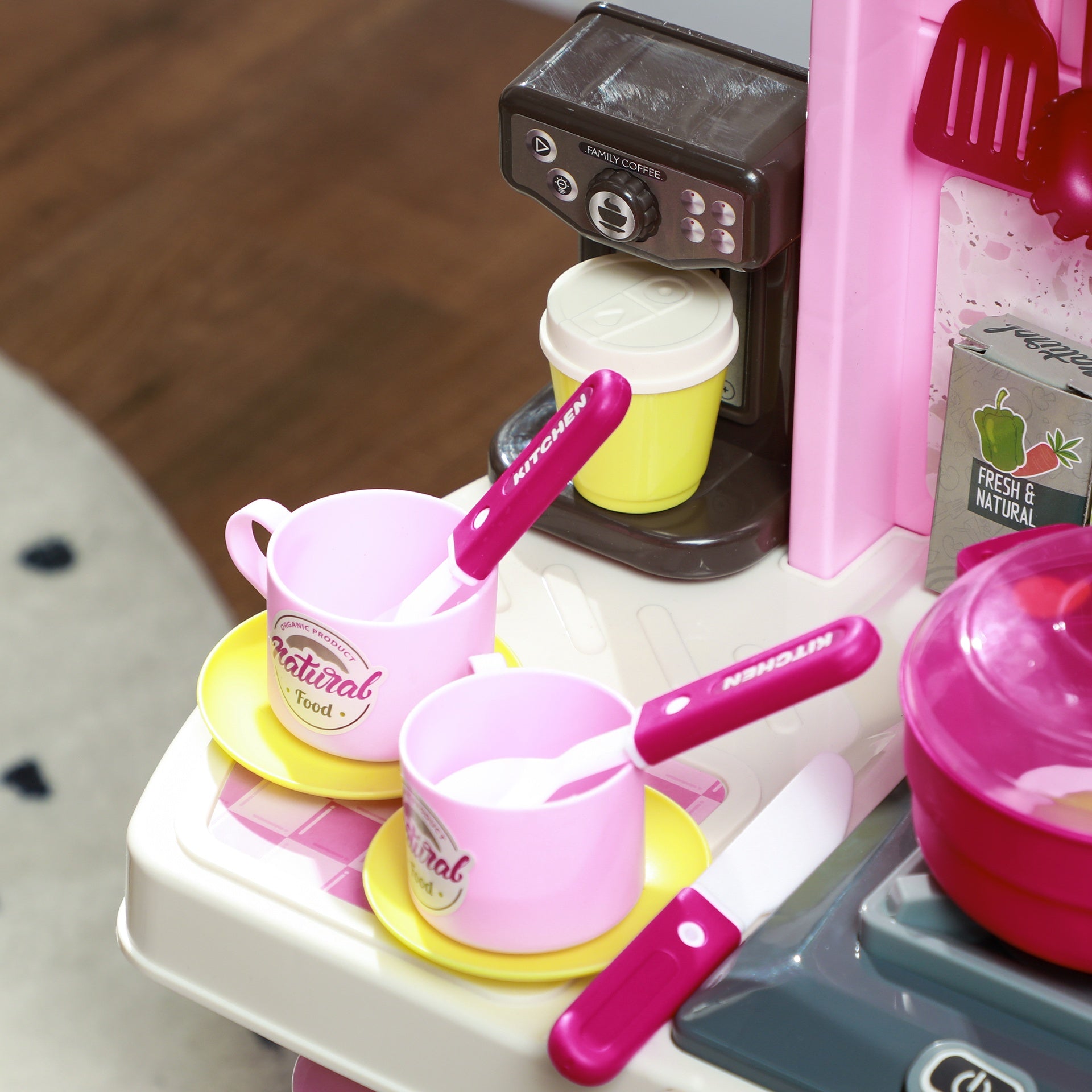 Qaba Kids Play Kitchen with Lights, Sounds, 33 Accessories & Storage for Toddler 3-6 Years