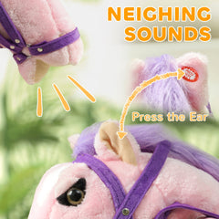 Qaba Spring Rocking Horse, Kids Ride on Horse, Plush Horse Ride-on w/ Sounds & Foot Stirrups for Kids 3-8 Years, Pink