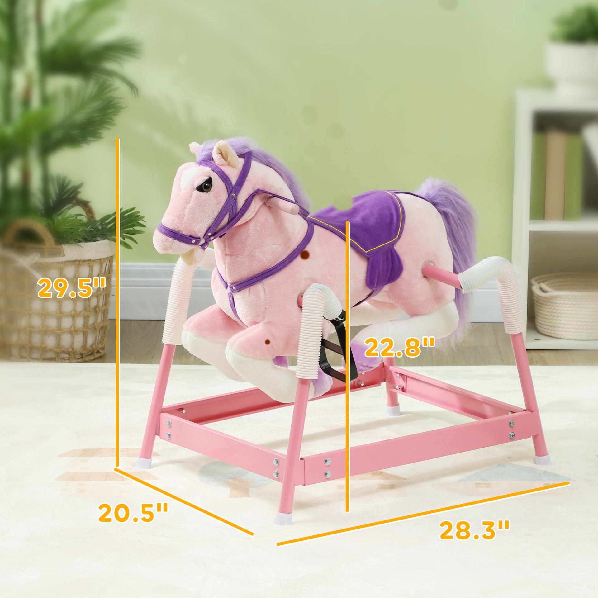 Qaba Spring Rocking Horse, Kids Ride on Horse, Plush Horse Ride-on w/ Sounds & Foot Stirrups for Kids 3-8 Years, Pink