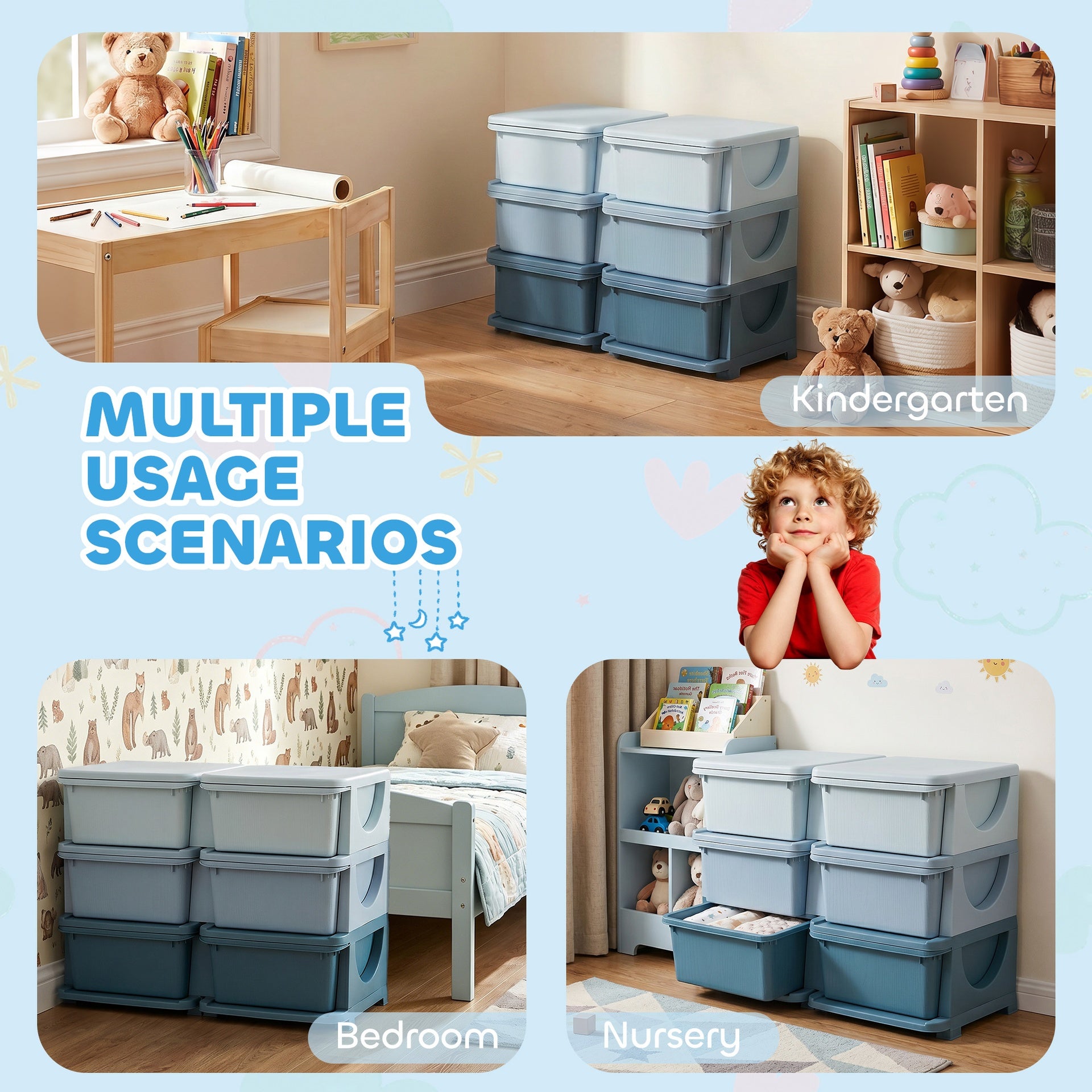 Qaba 3 Tier Kids Storage Organizer with 6 Drawers for Bedroom, Nursery, Kindergarten, Living Room, Boys and Girls, Blue