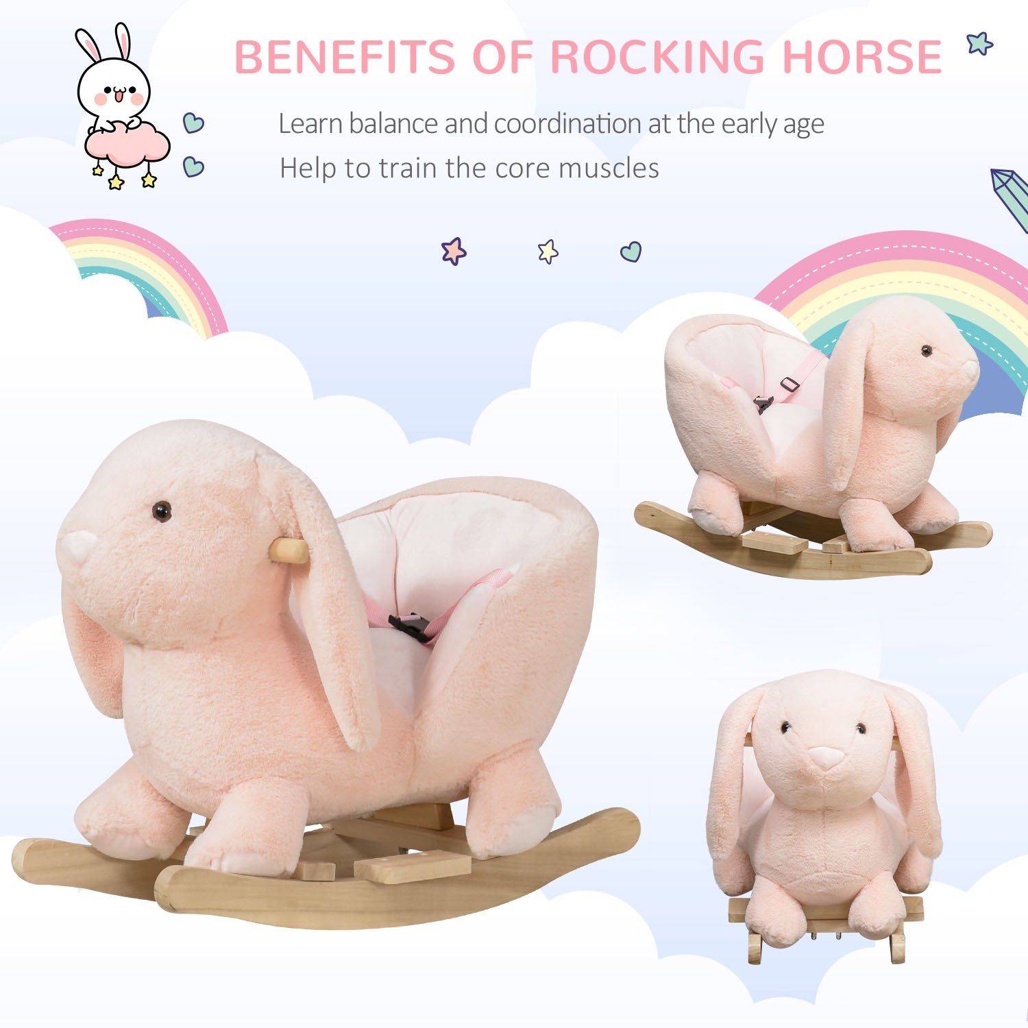 Qaba Rabbit Wooden Rocking Horse with Sound, Pink