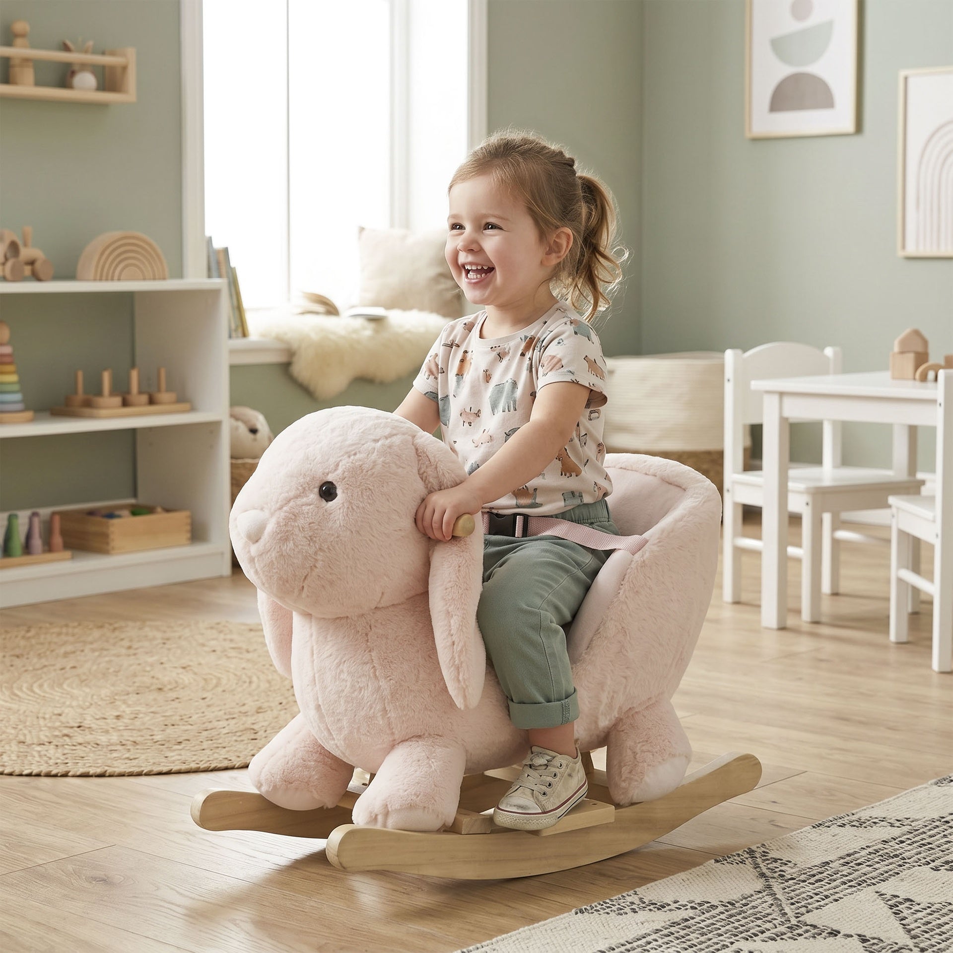 Qaba Rabbit Wooden Rocking Horse with Sound, Pink