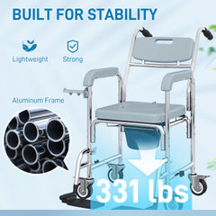 HOMCOM Rolling Shower Wheelchair for Seniors, Bedside Commode Chair with Locking Wheels, Seat, Backrest, Arms, Gray
