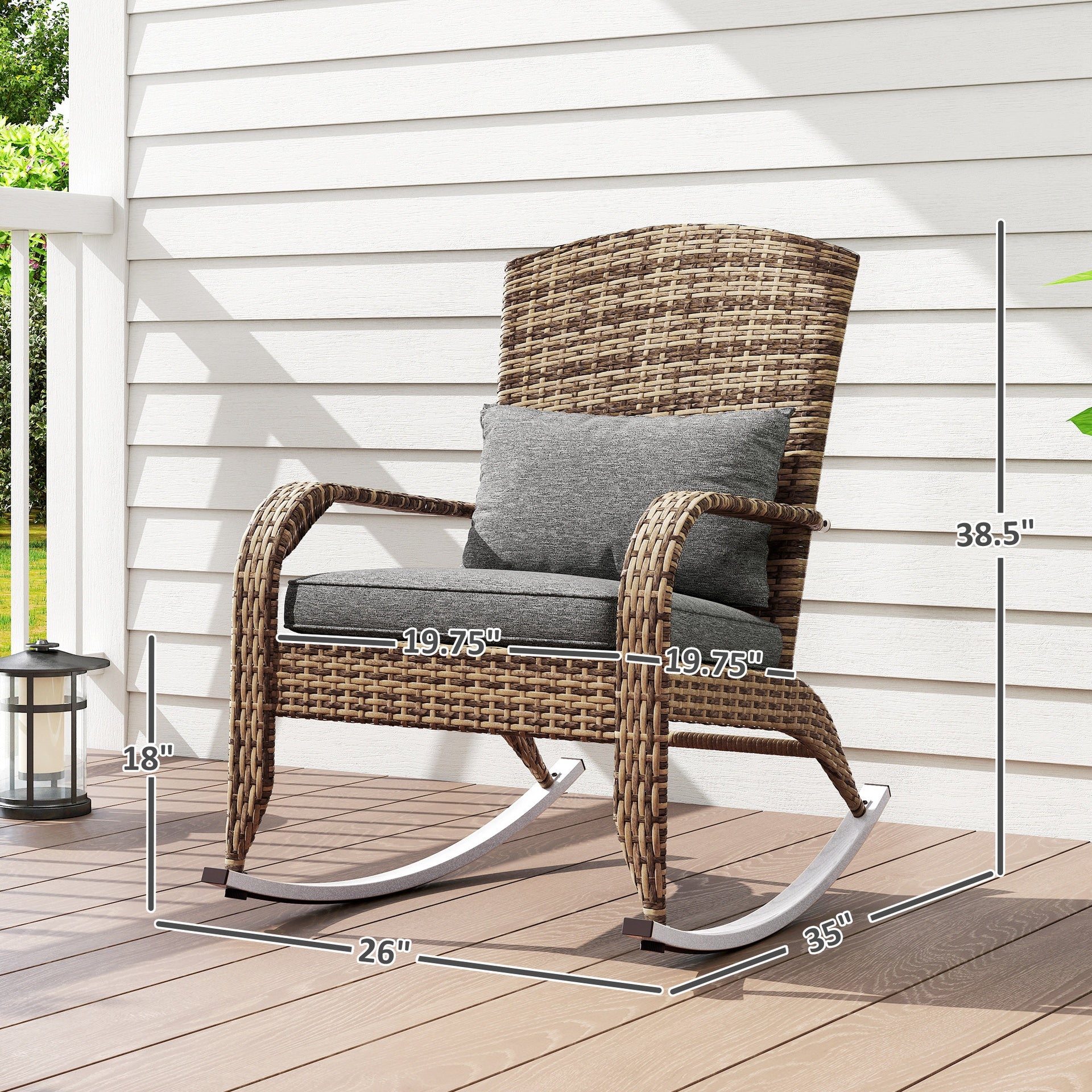 Outsunny Adirondack Chair, Outdoor Wicker Rocking Chair with High Back, Seat Cushion, and Pillow for Porch, Balcony, Gray