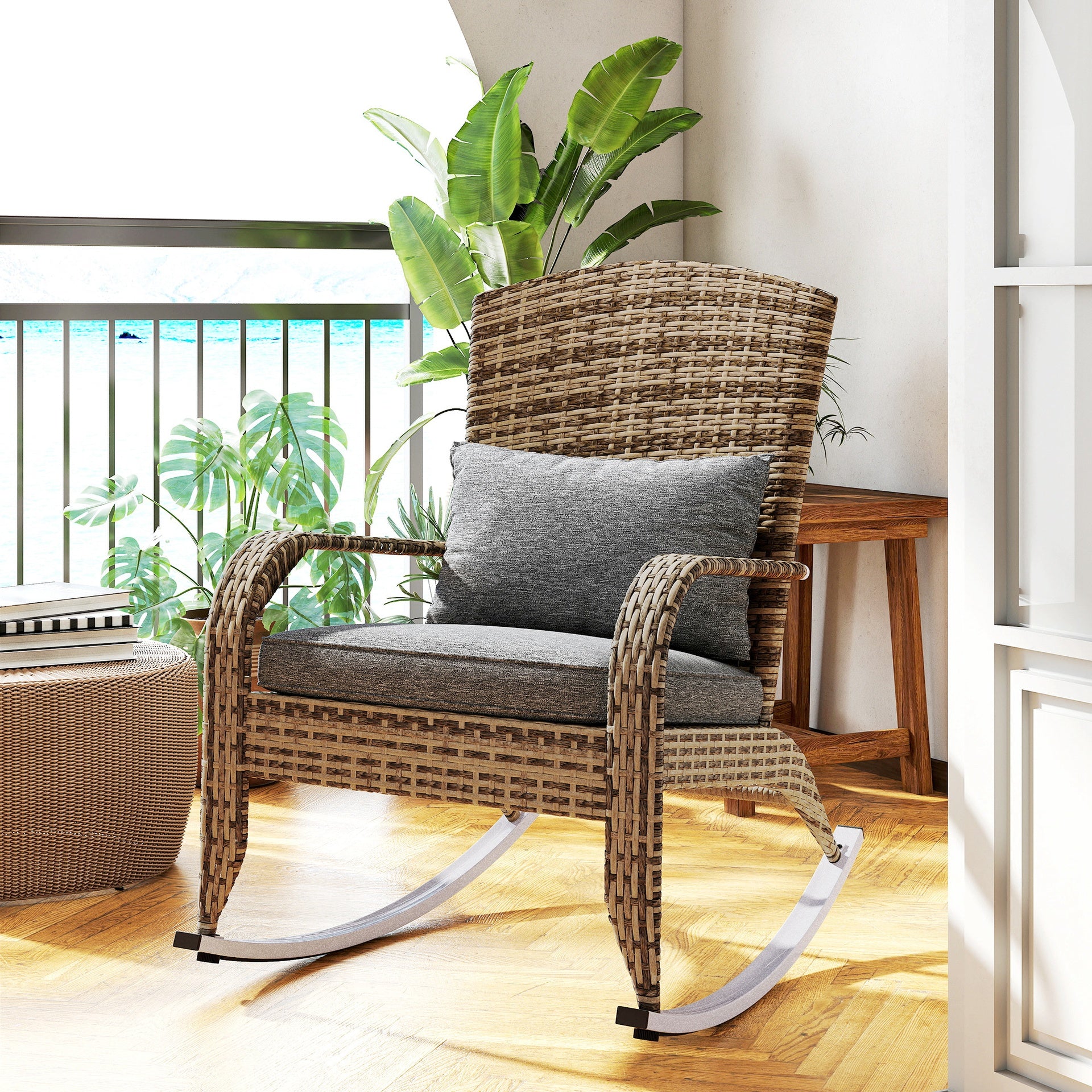 Outsunny Adirondack Chair, Outdoor Wicker Rocking Chair with High Back, Seat Cushion, and Pillow for Porch, Balcony, Gray