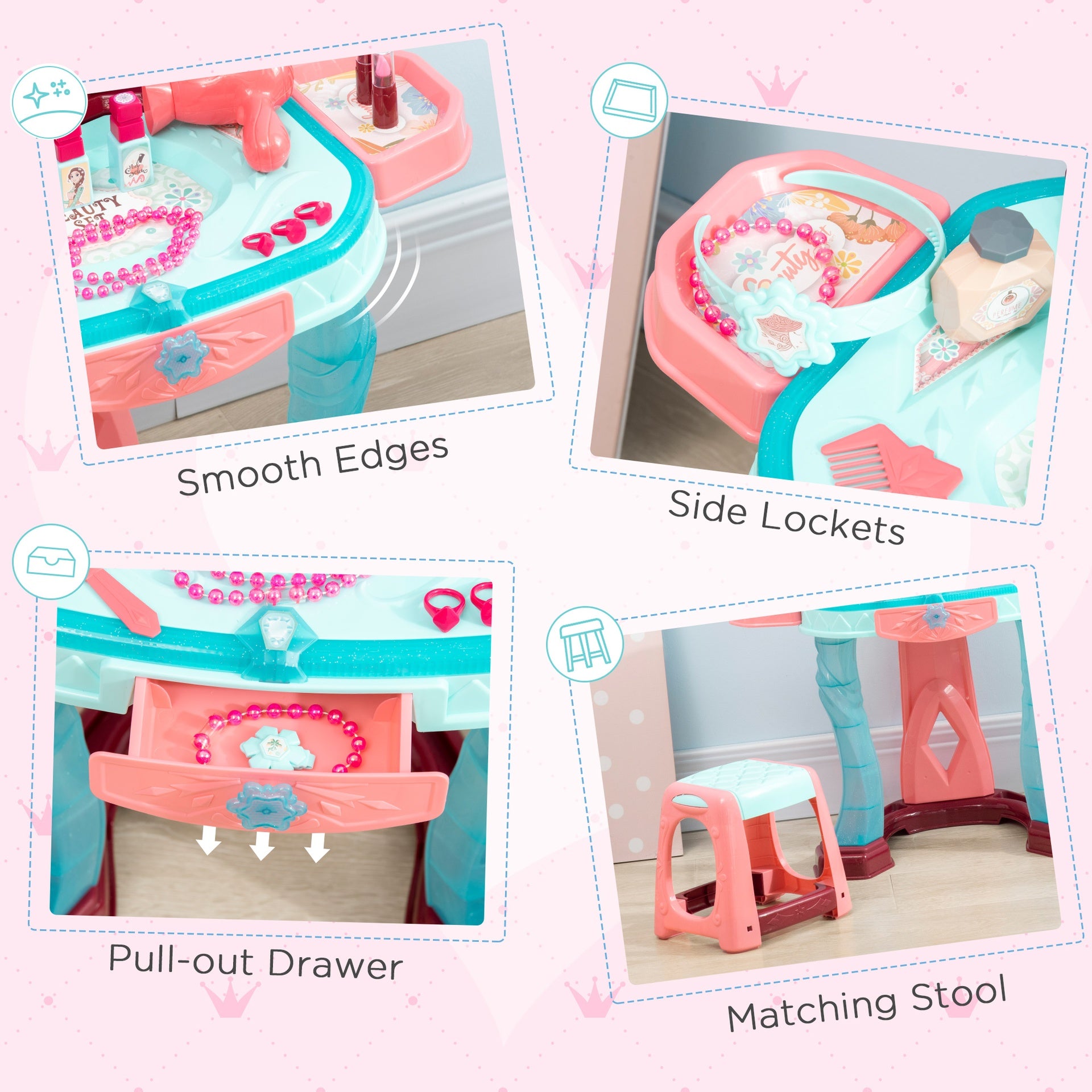 Qaba Kids Vanity Set with Self-Opening Magic Mirror, Princess Makeup Vanity Table Set with Music, Tabletop with Lights, Imaginative Toy for 3-6 Years Old Child
