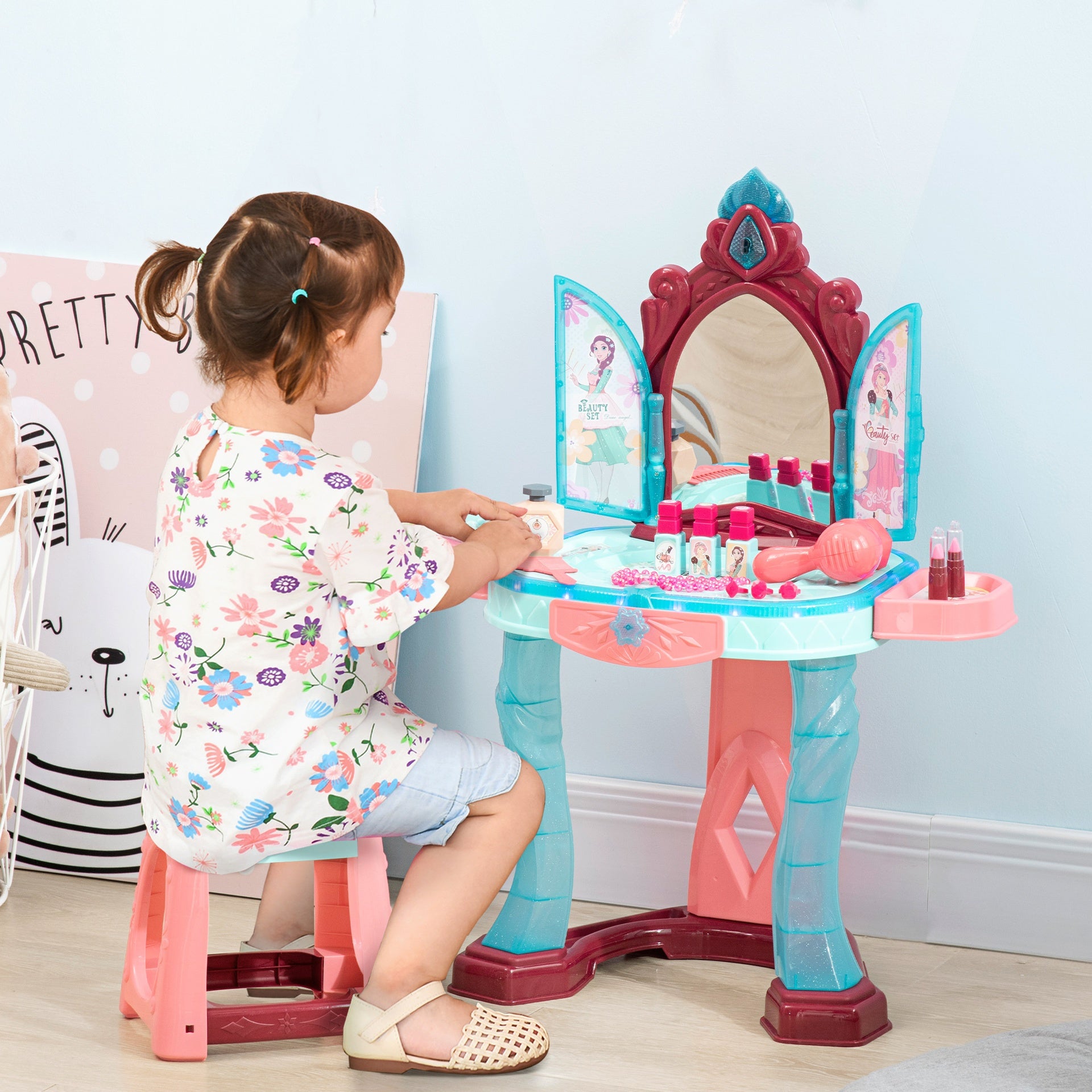 Qaba Kids Vanity Set with Self-Opening Magic Mirror, Princess Makeup Vanity Table Set with Music, Tabletop with Lights, Imaginative Toy for 3-6 Years Old Child