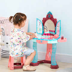 Qaba Kids Vanity Set with Self-Opening Magic Mirror, Princess Makeup Vanity Table Set with Music, Tabletop with Lights, Imaginative Toy for 3-6 Years Old Child