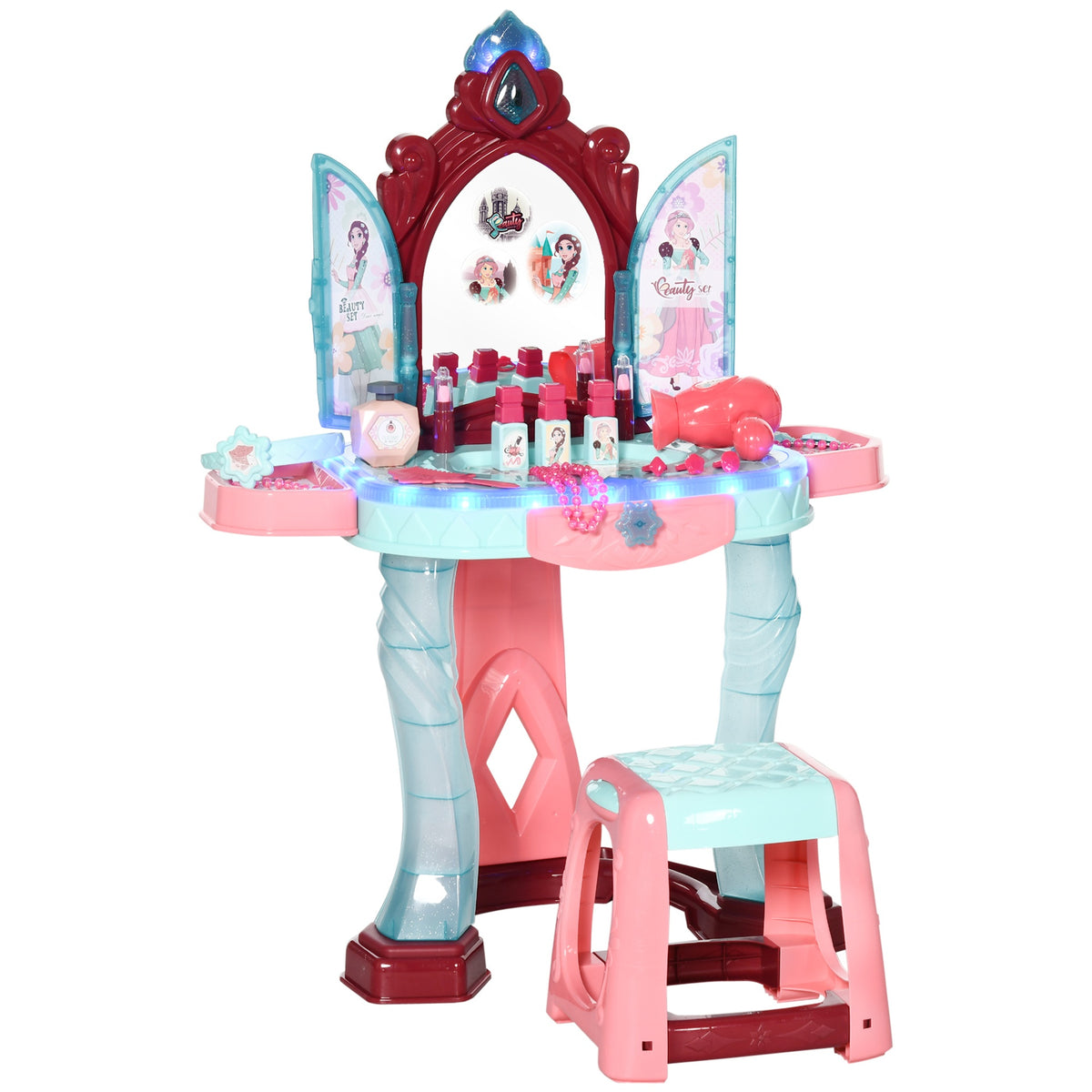 Qaba Kids Vanity Set with Self-Opening Magic Mirror, Princess Makeup Vanity Table Set with Music, Tabletop with Lights, Imaginative Toy for 3-6 Years Old Child