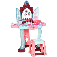 Qaba Kids Vanity Set with Self-Opening Magic Mirror, Princess Makeup Vanity Table Set with Music, Tabletop with Lights, Imaginative Toy for 3-6 Years Old Child