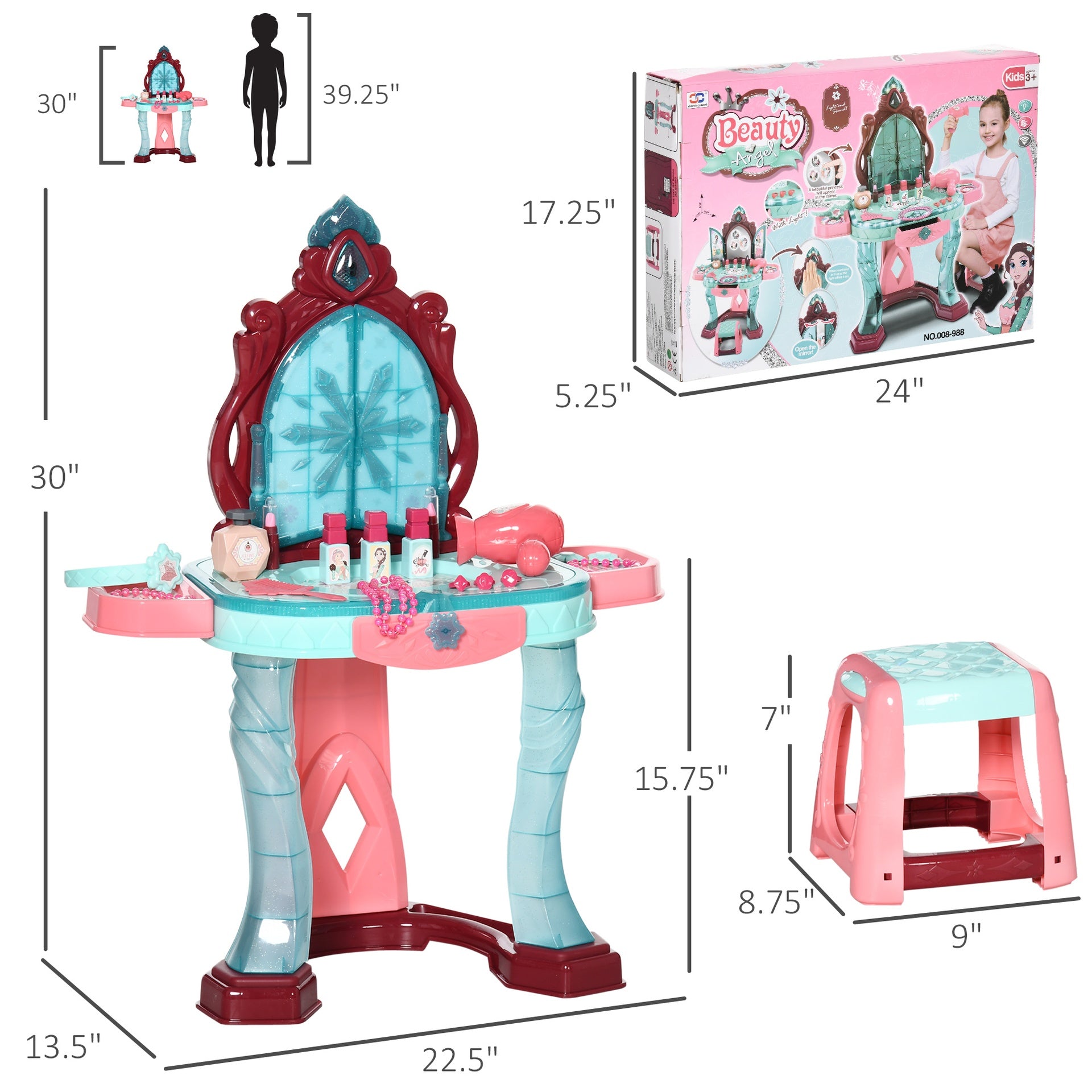 Qaba Kids Vanity Set with Self-Opening Magic Mirror, Princess Makeup Vanity Table Set with Music, Tabletop with Lights, Imaginative Toy for 3-6 Years Old Child